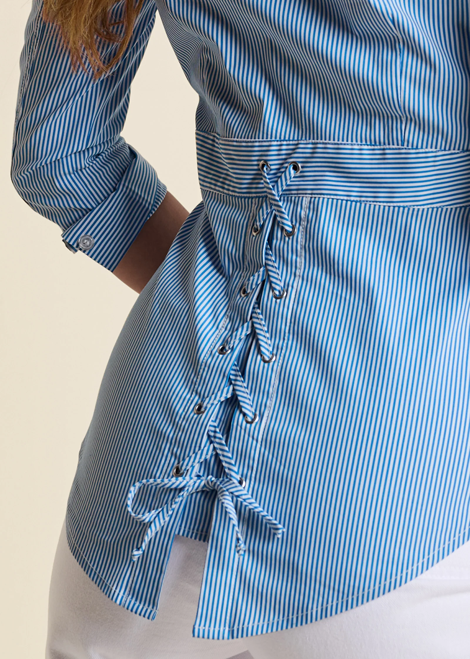 Lace-up back blouse - Blue & White