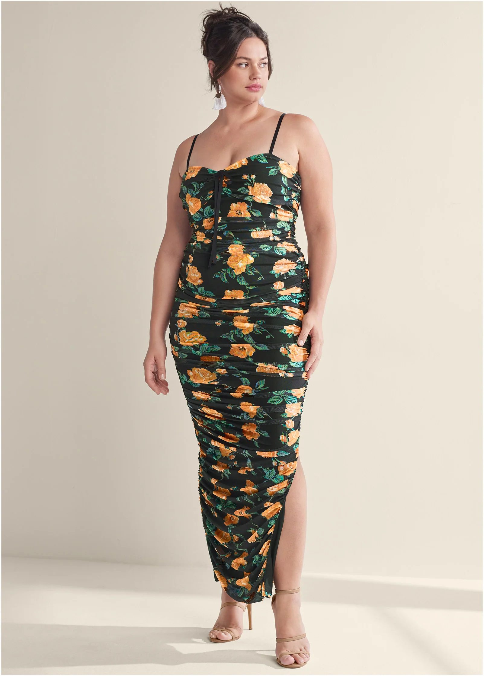 Floral ruched bodycon dress - Black Multi