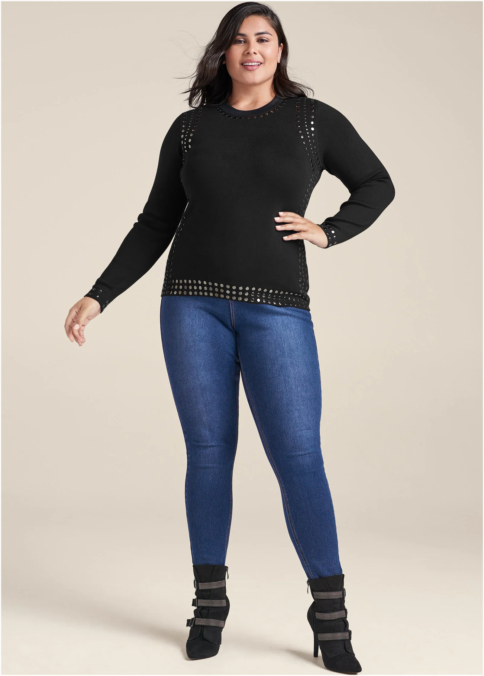 Stud trim sweater - Black