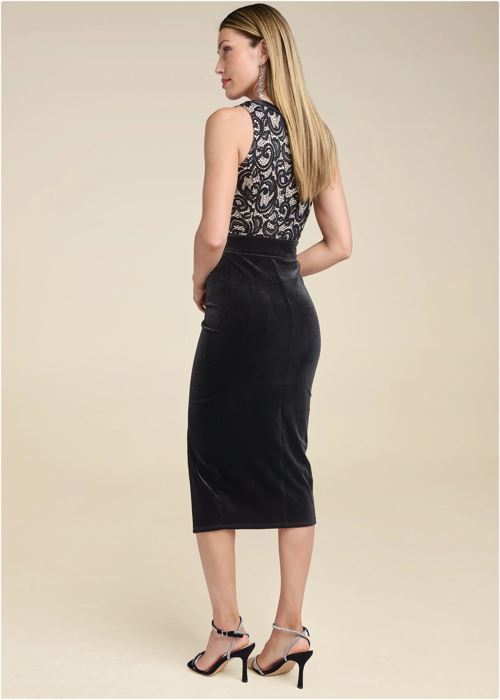 Velvet lace bodycon dress - Black & Nude