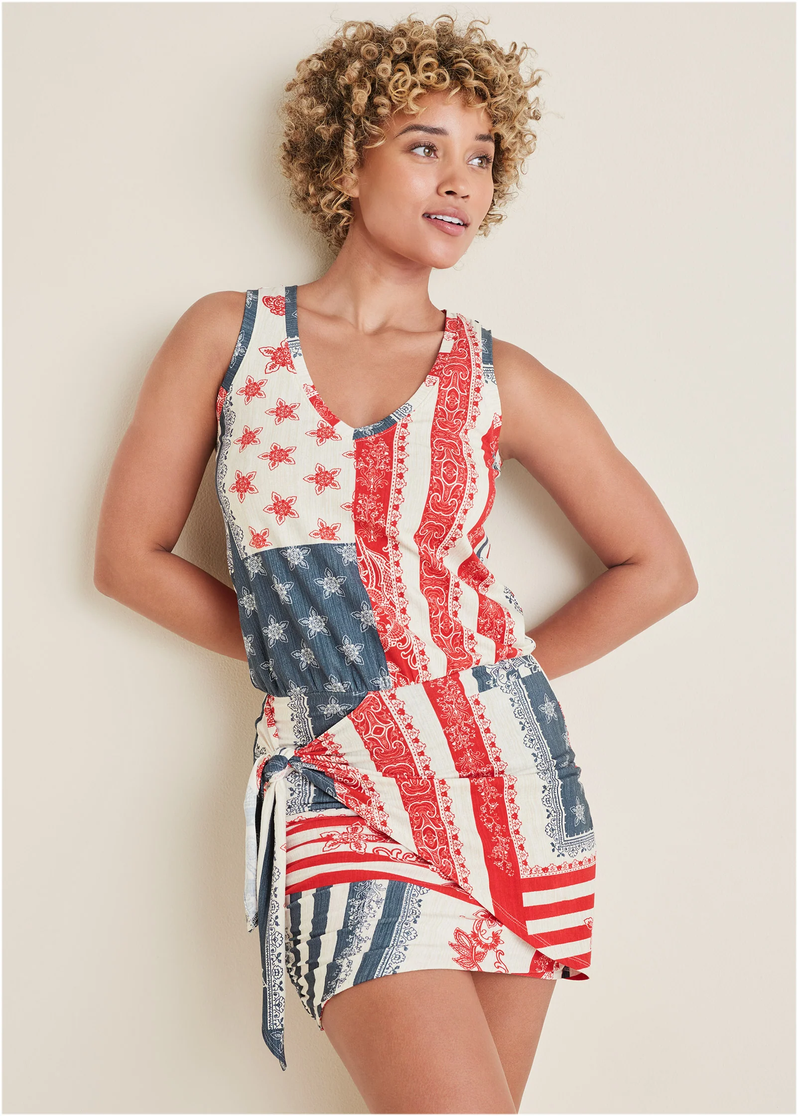 Vneck Side Wrap Mini Dress - Americana Patchwork Stripe