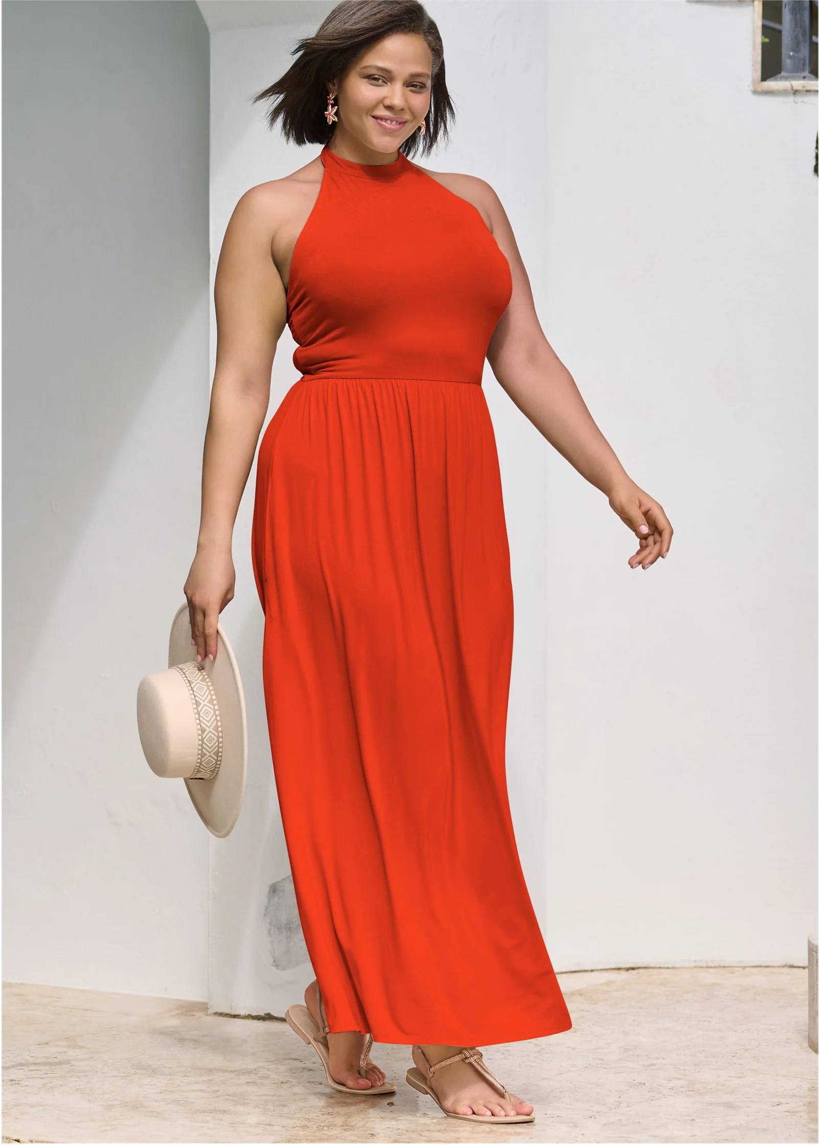 High Neck Maxi Dress - Tangerine Tango