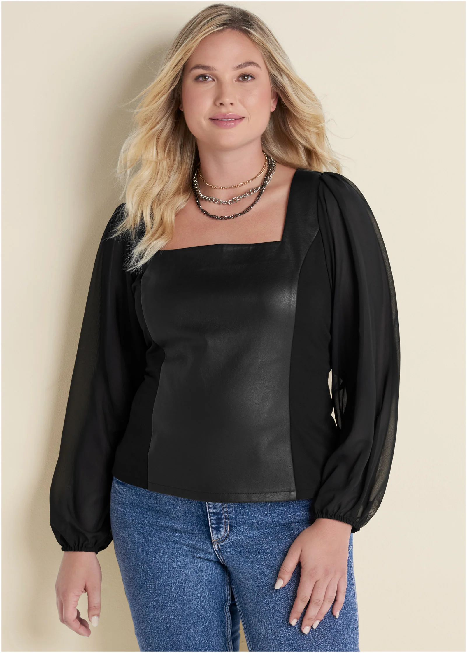 Faux leather mesh sleeve top - Black