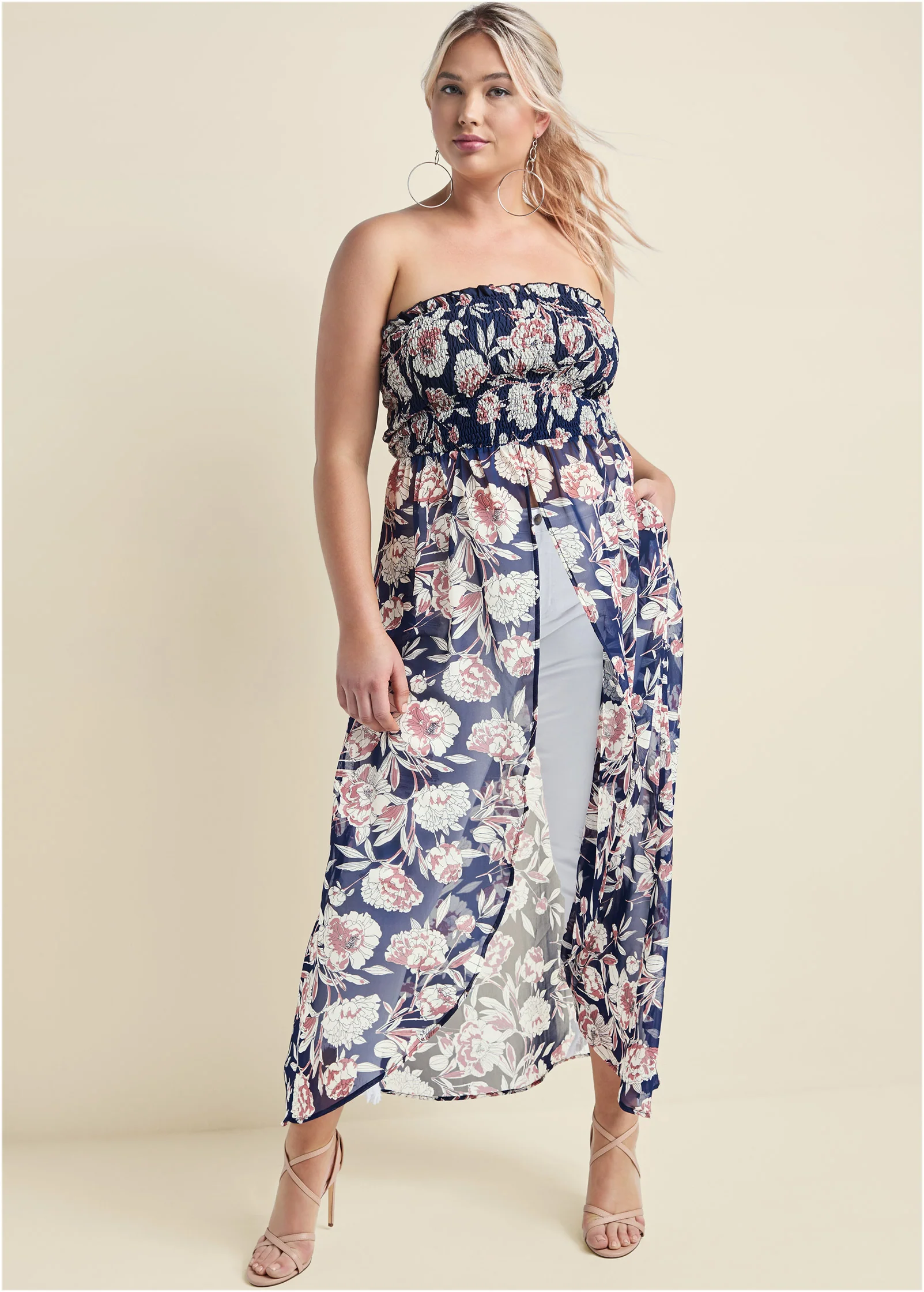 Smocked floral high-low top - Navy Multi