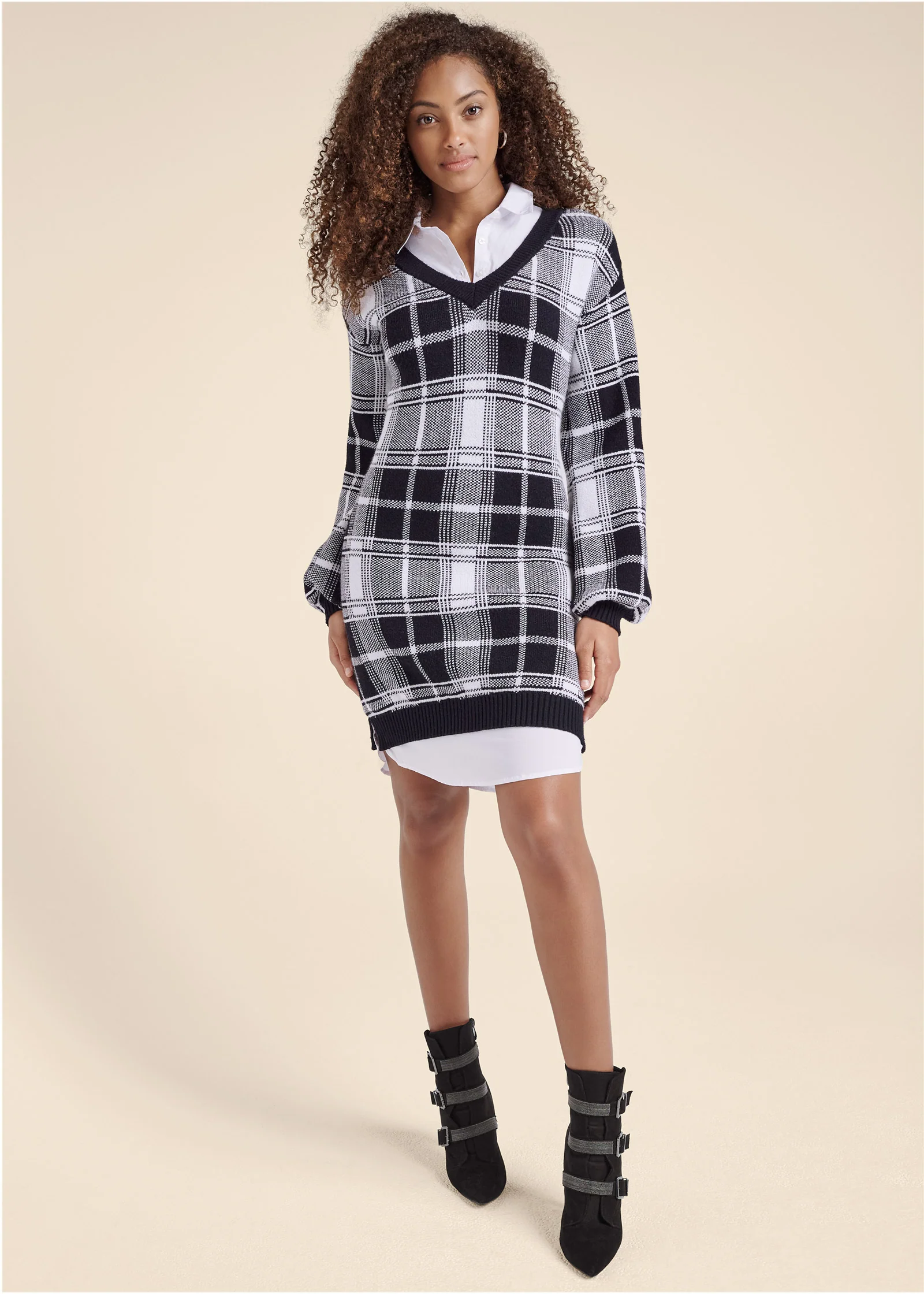 Plaid layered sweater dress - White & Black