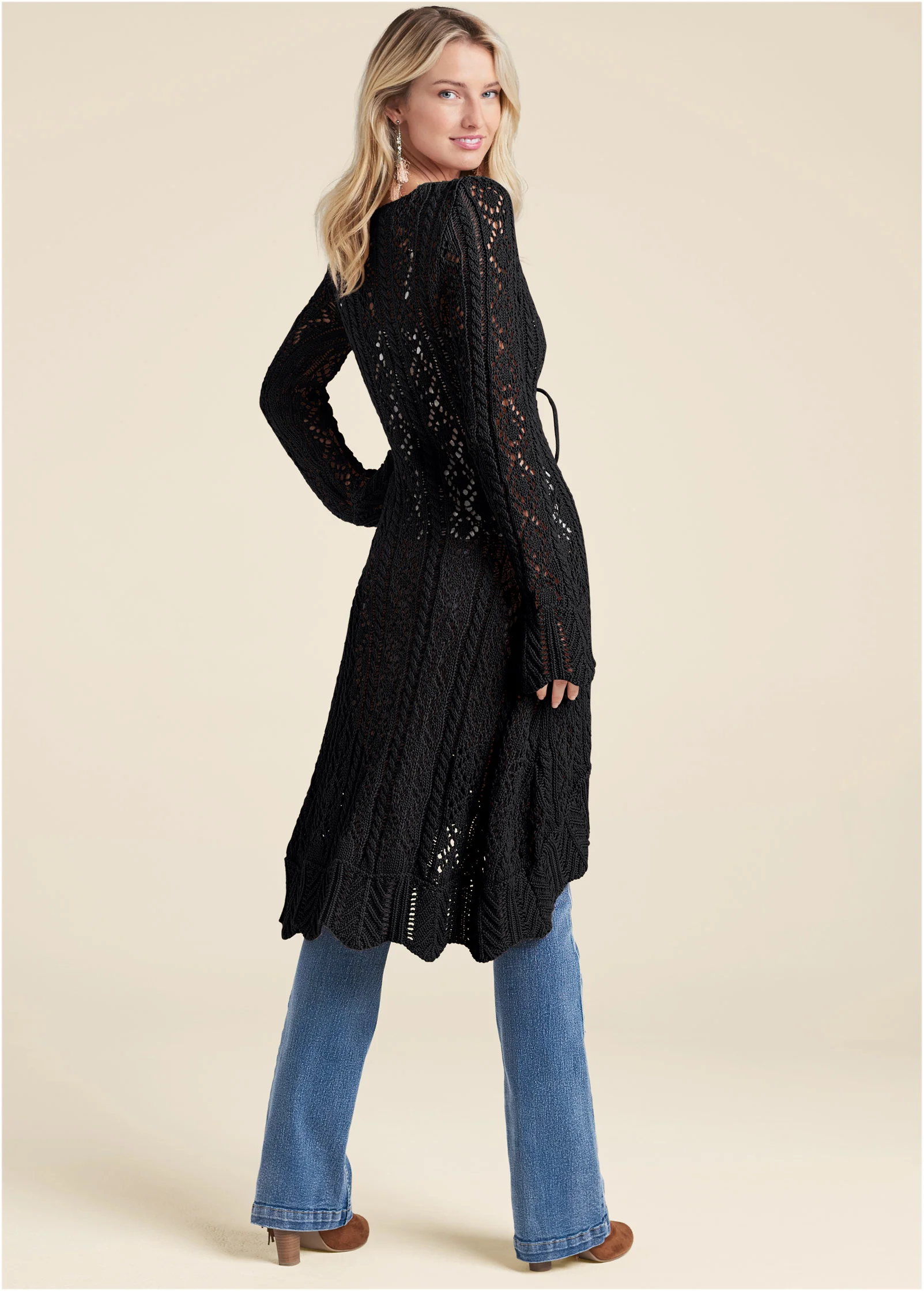 Long tie front crochet cardigan - Black