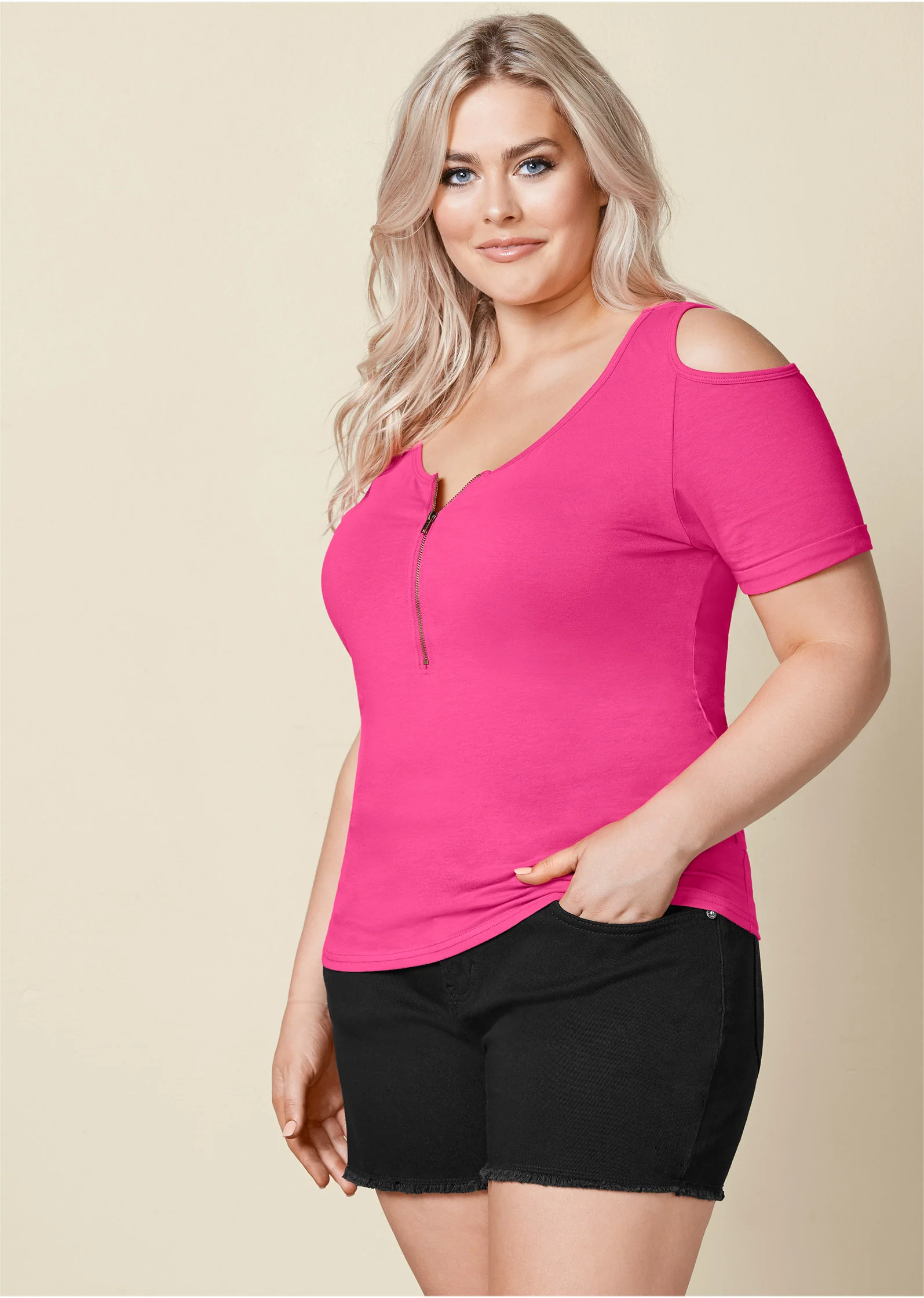 Cold-shoulder zipper top - Pink