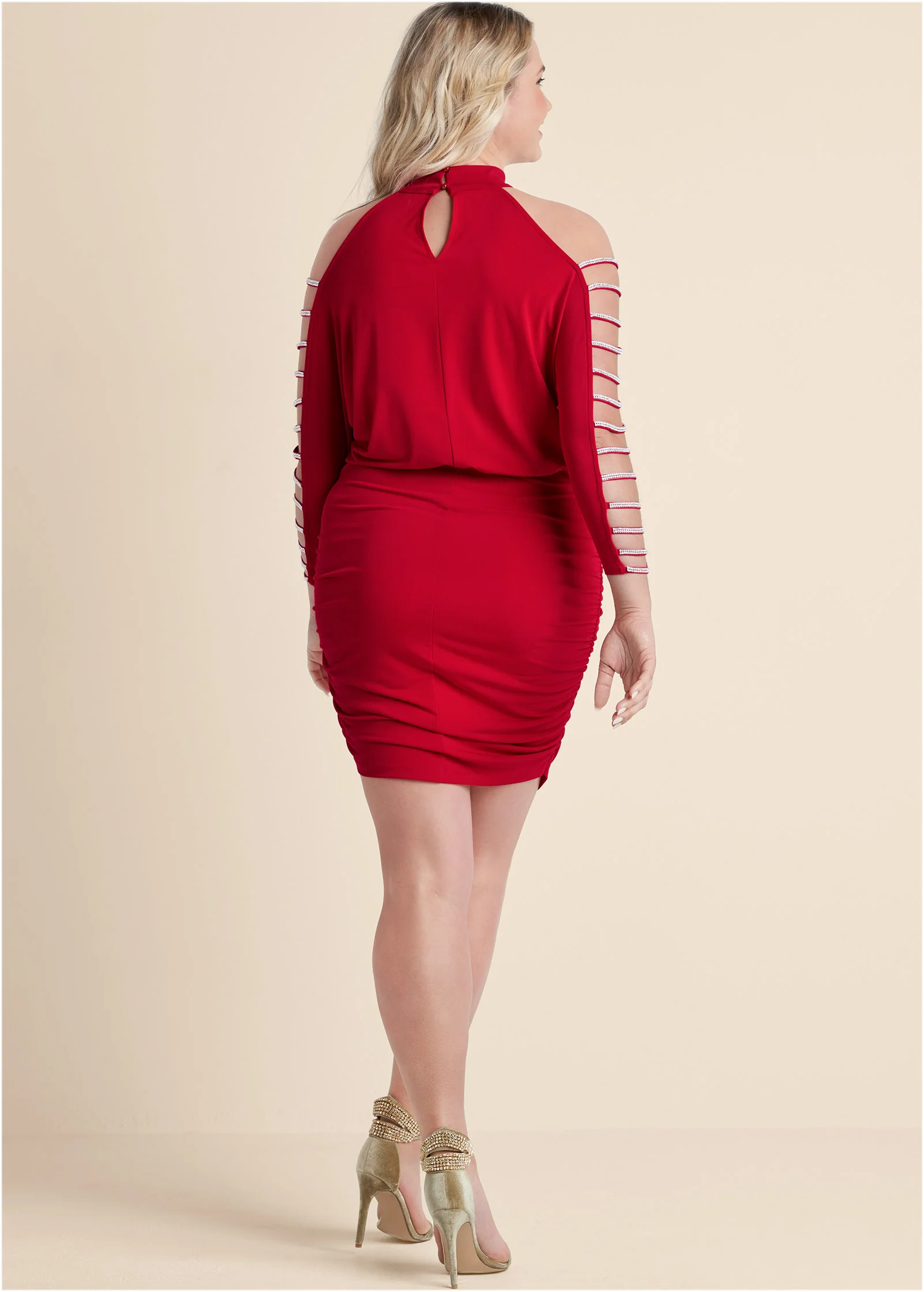 Embellished cold-shoulder dress  - Red