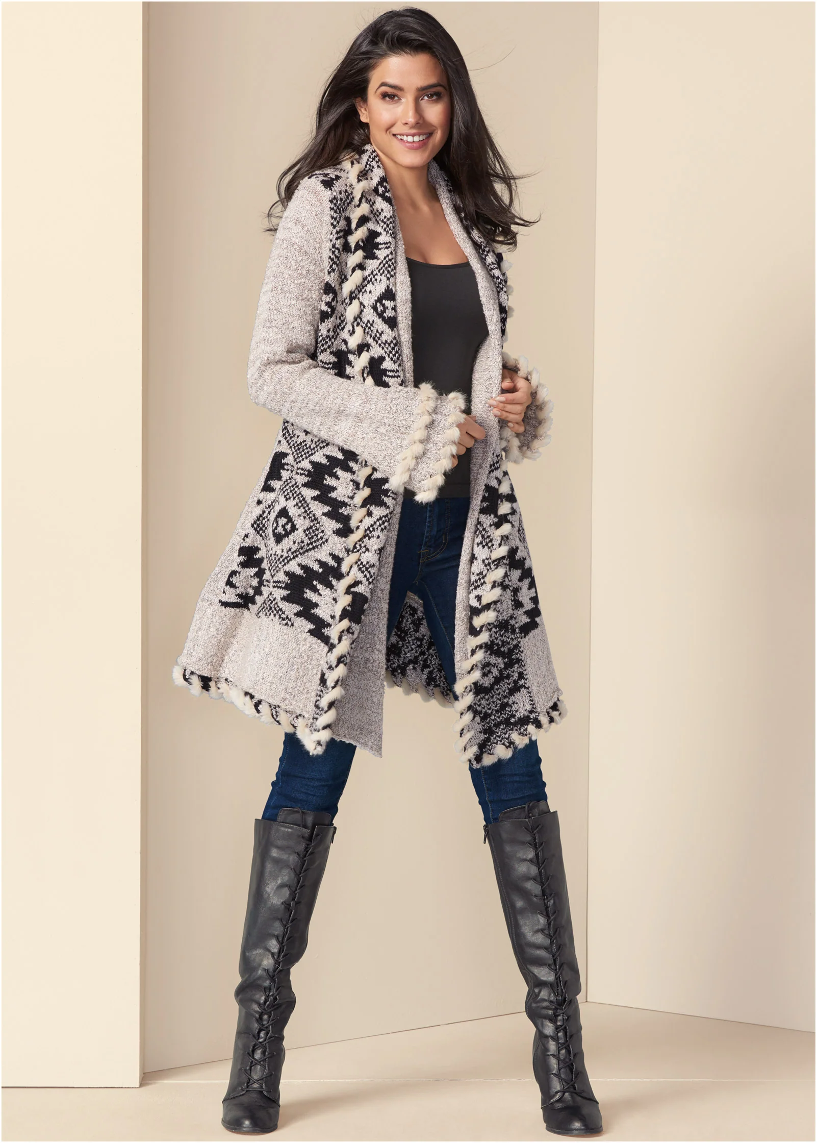 Mixed print duster - Cream & Black
