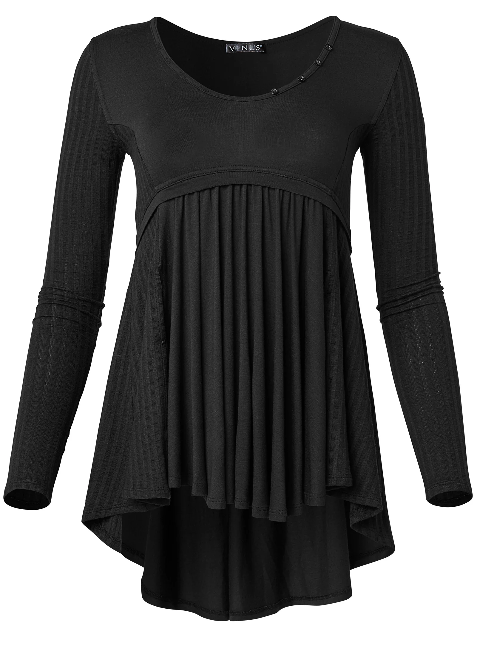 High low ribbed henley casual top - Black