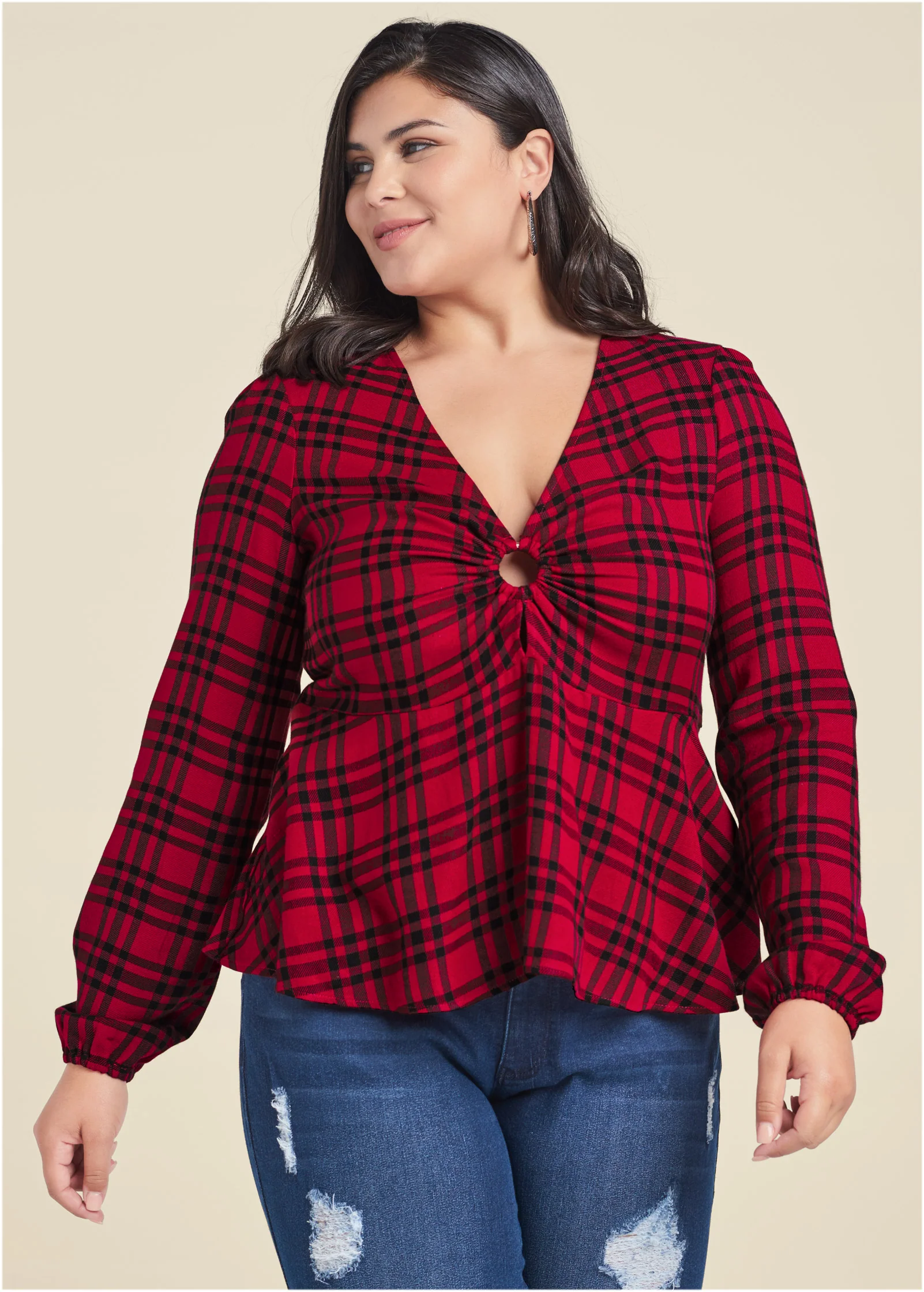 Plaid ring detail top - Red Multi