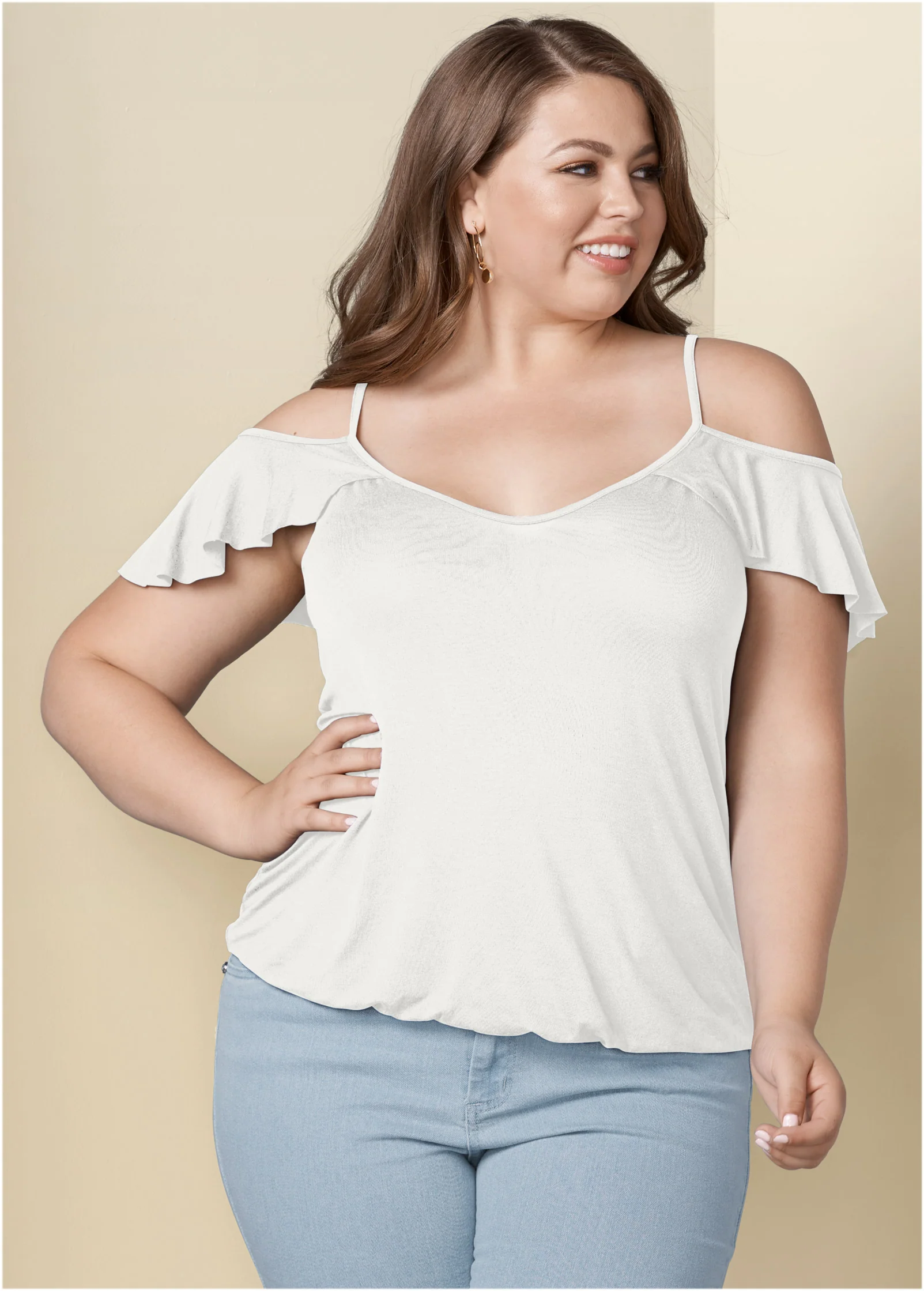 Ruffle cold-shoulder top - White