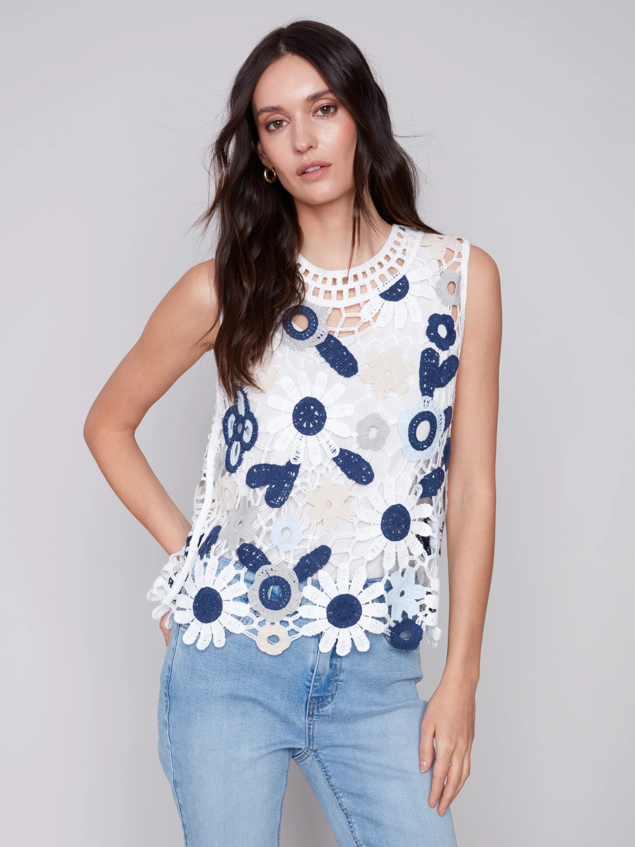 Sleeveless Crochet Top with Floral Pattern - Celadon