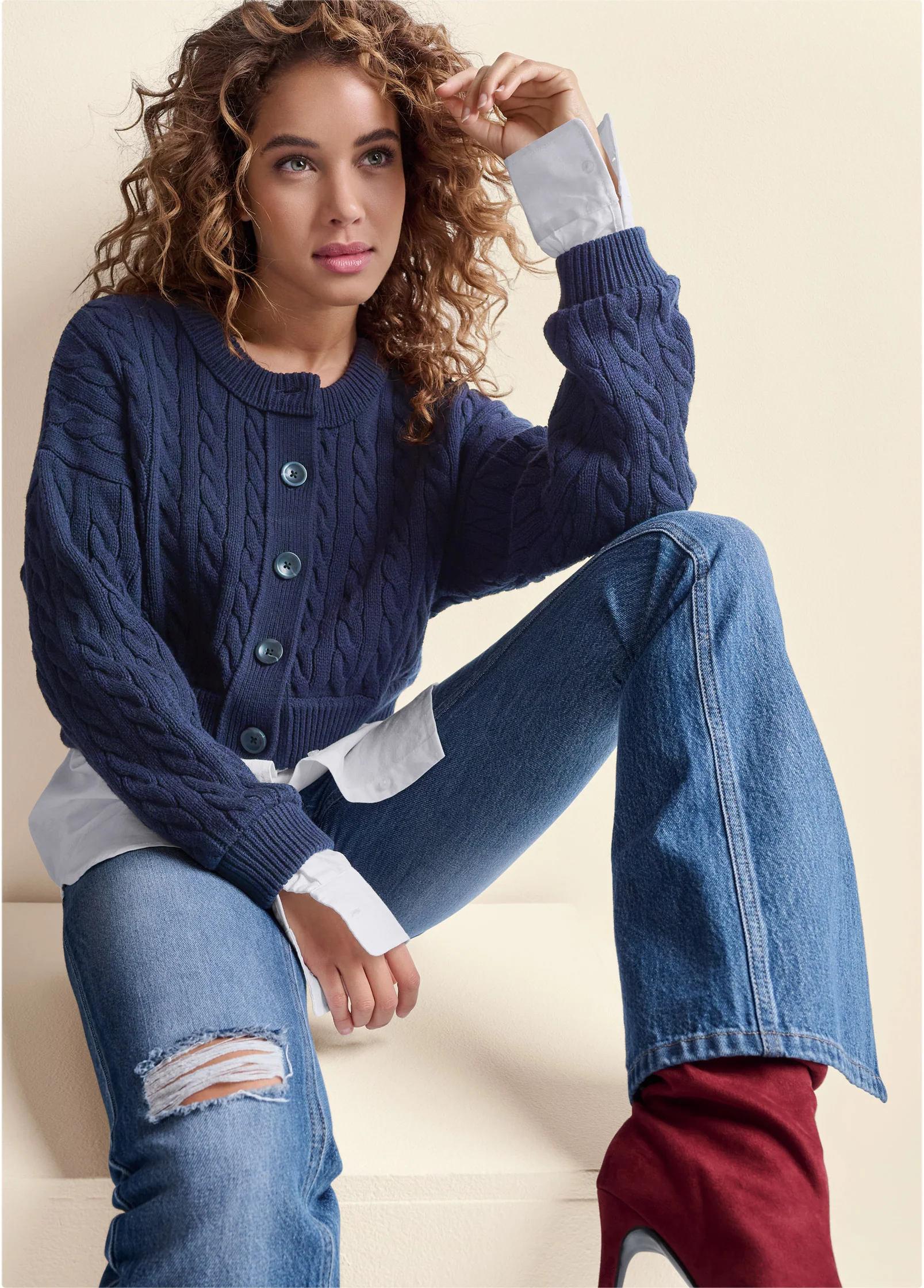 Sweater with shirting detail - Navy Multi