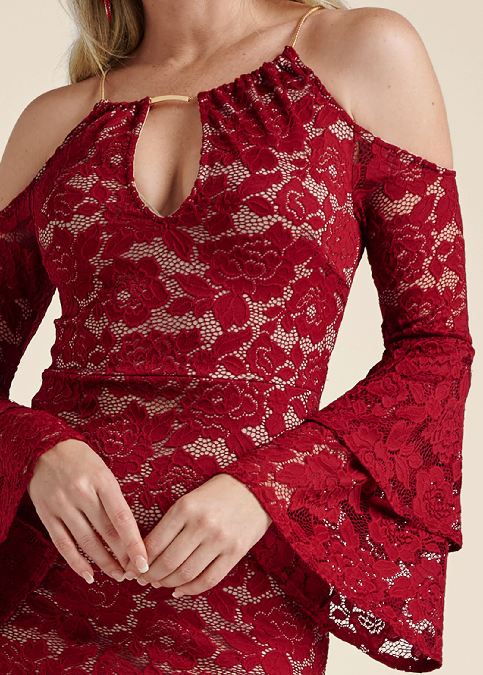 Lace midi dress - Red & Nude