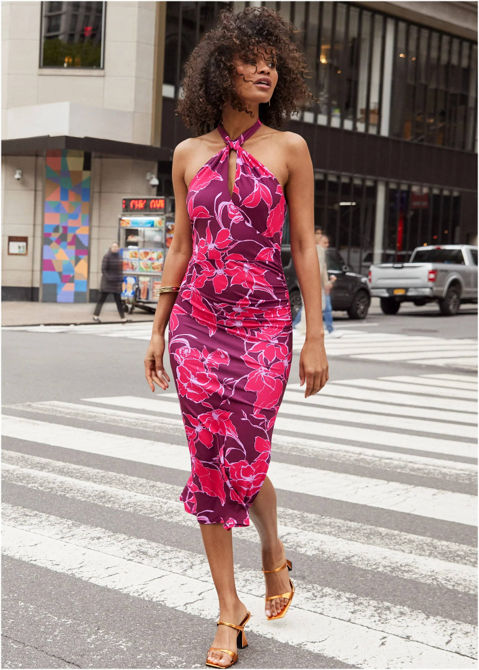 Floral halter bodycon dress - Pink Multi