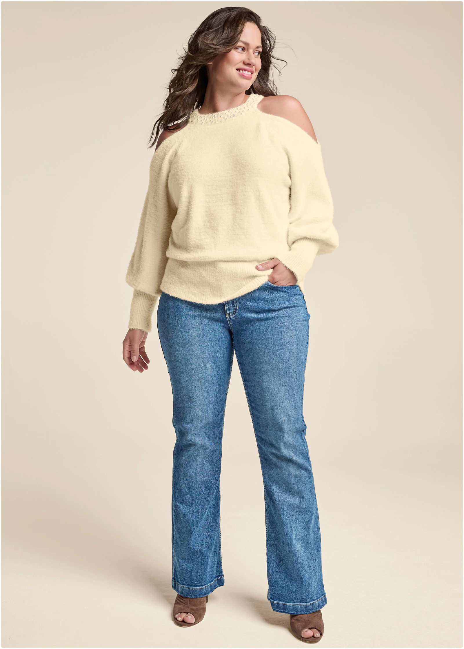 Cozy cold shoulder pearl accent sweater - Off White