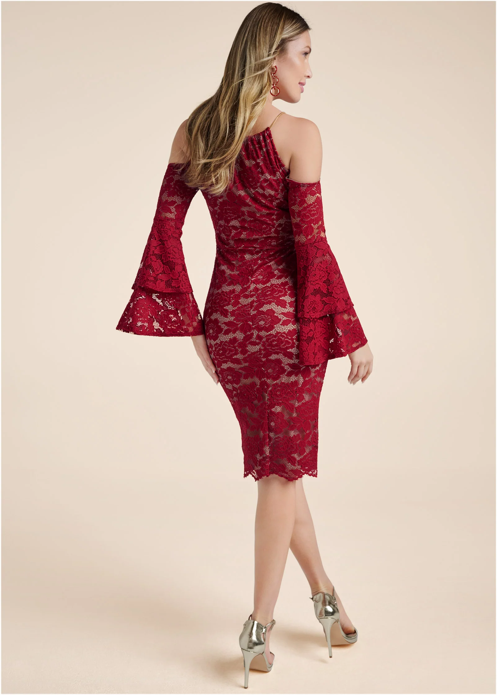 Lace midi dress - Red & Nude