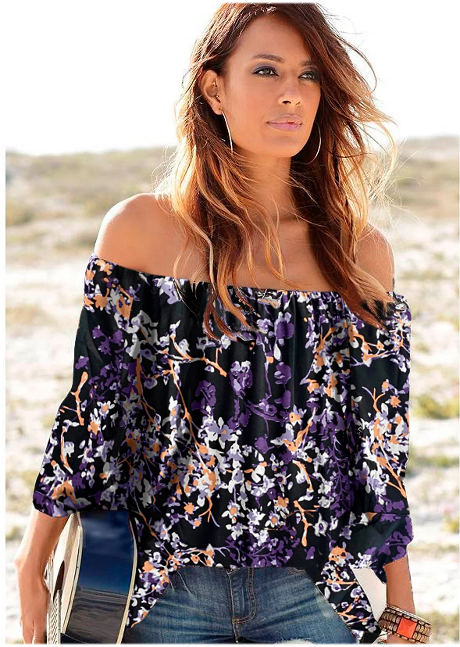Bell sleeve printed top - Purple Multi