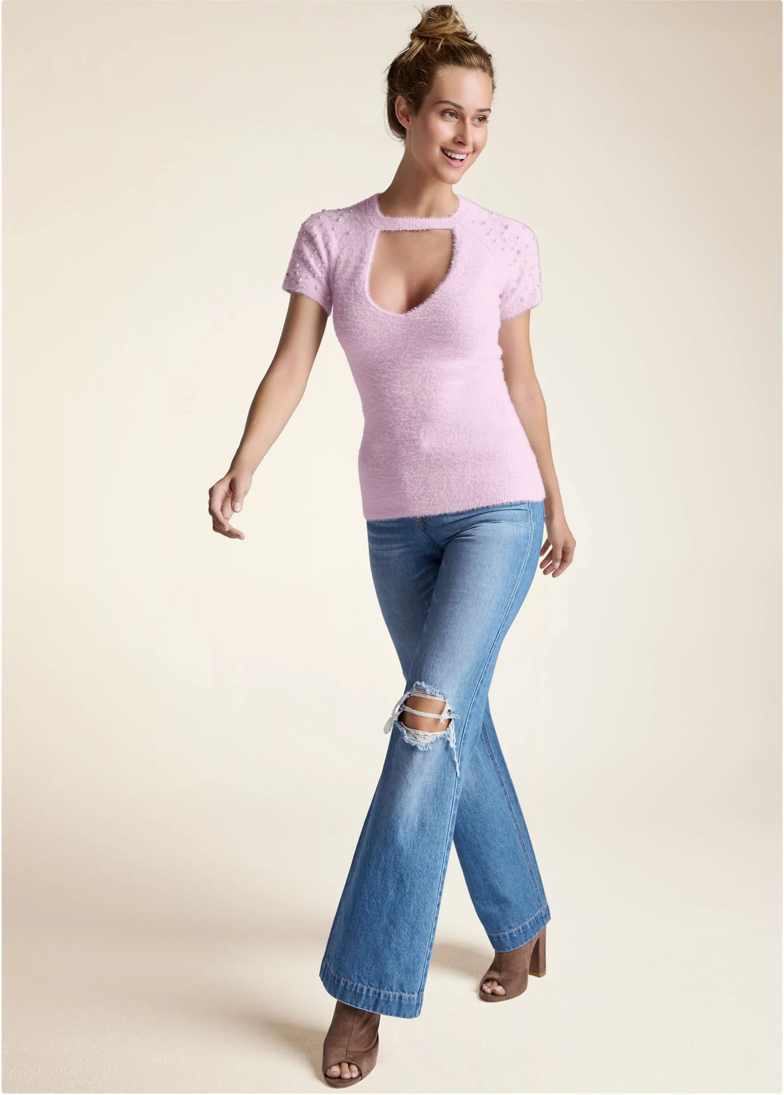 Cozy short sleeve pearl accent sweater - Lilac