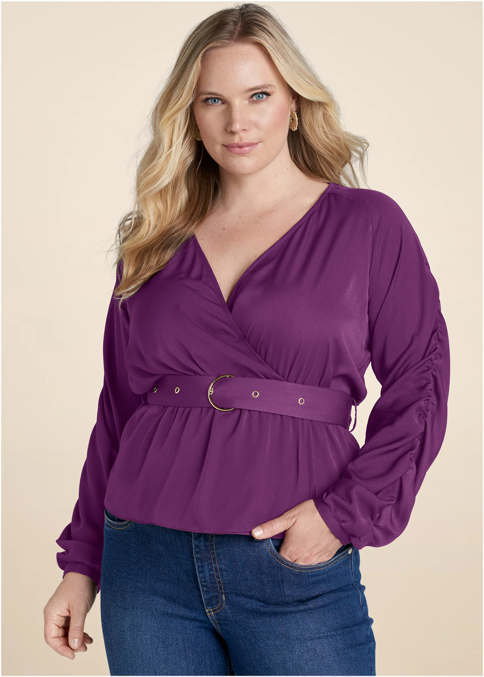 V-neck belted top - Purple