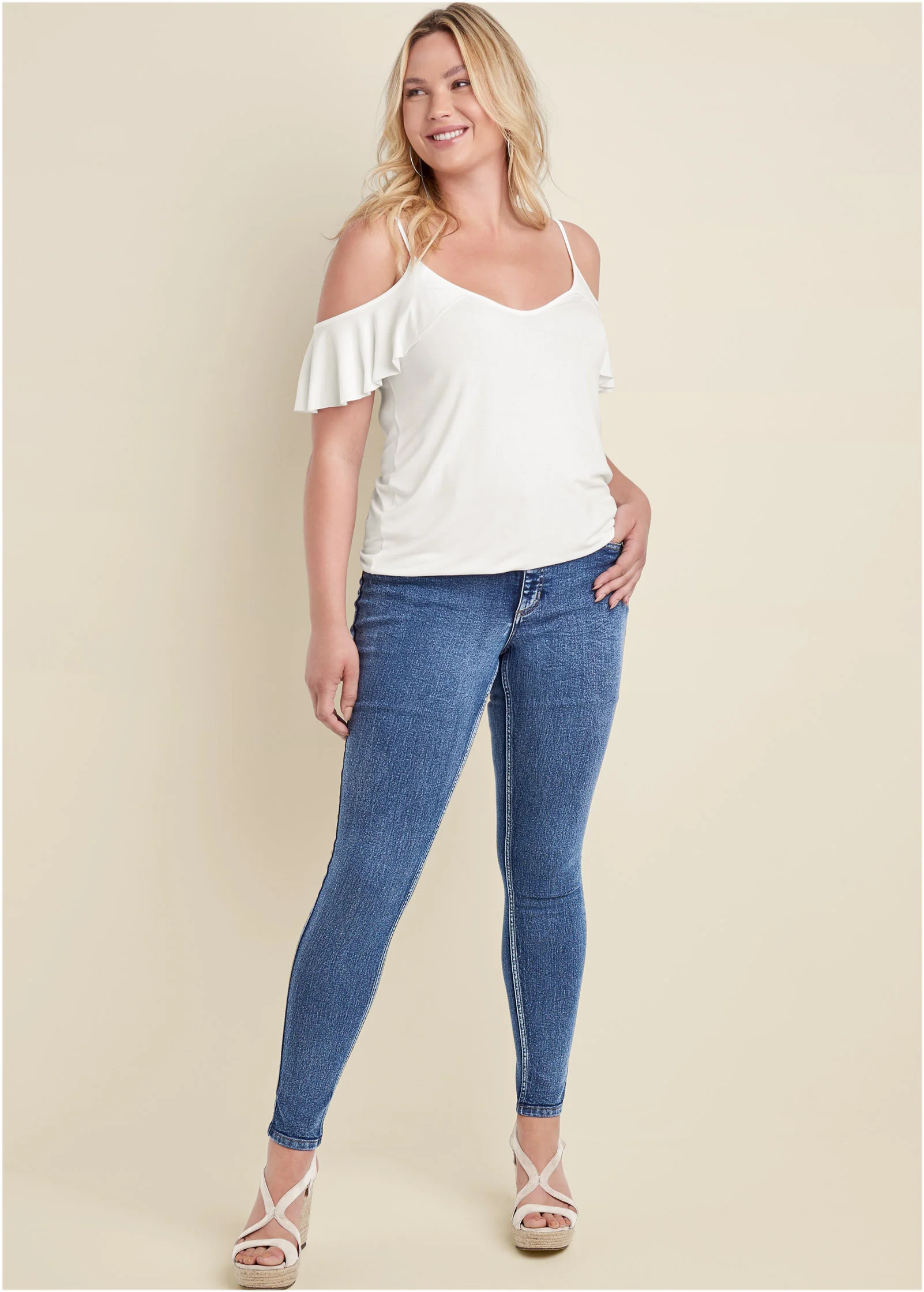 Ruffle cold-shoulder top - White