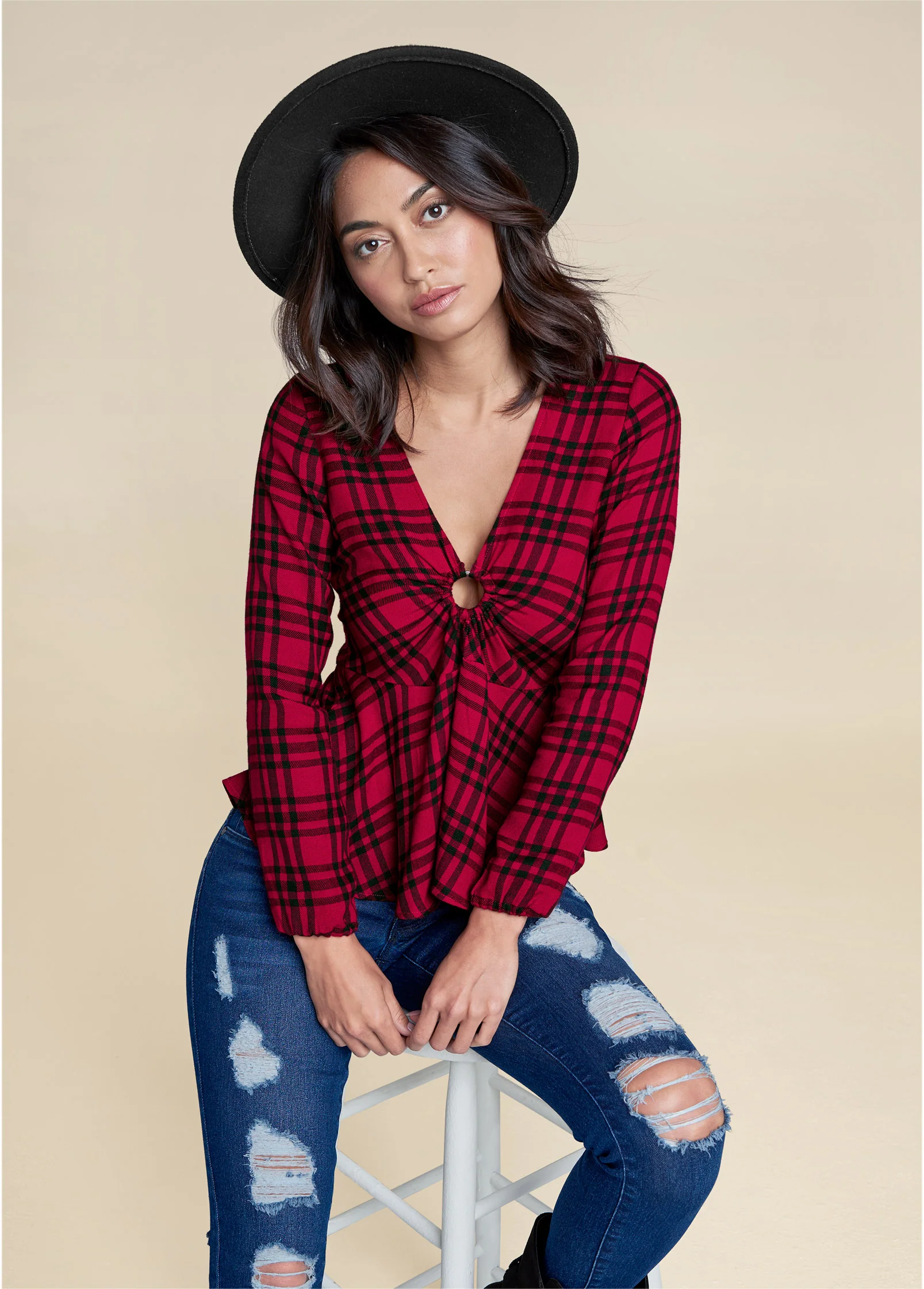 Plaid ring detail top - Red Multi