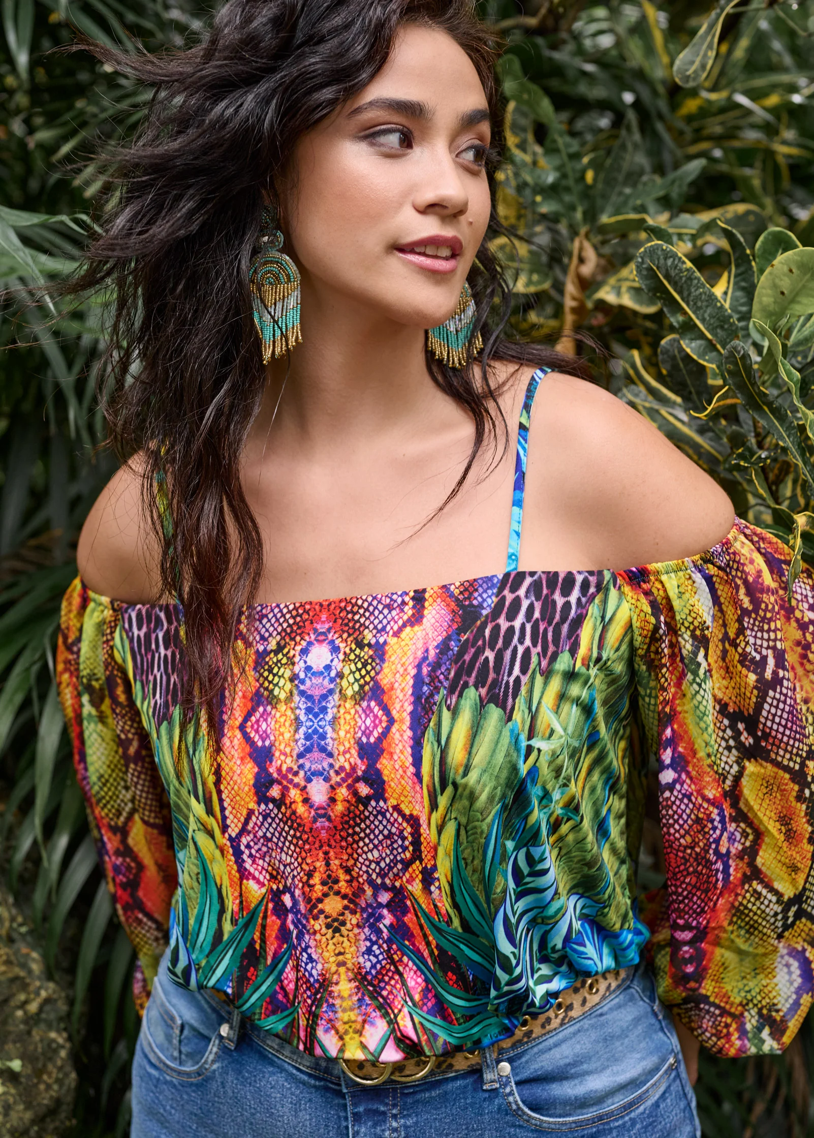 Printed cold-shoulder top - Teal Multi
