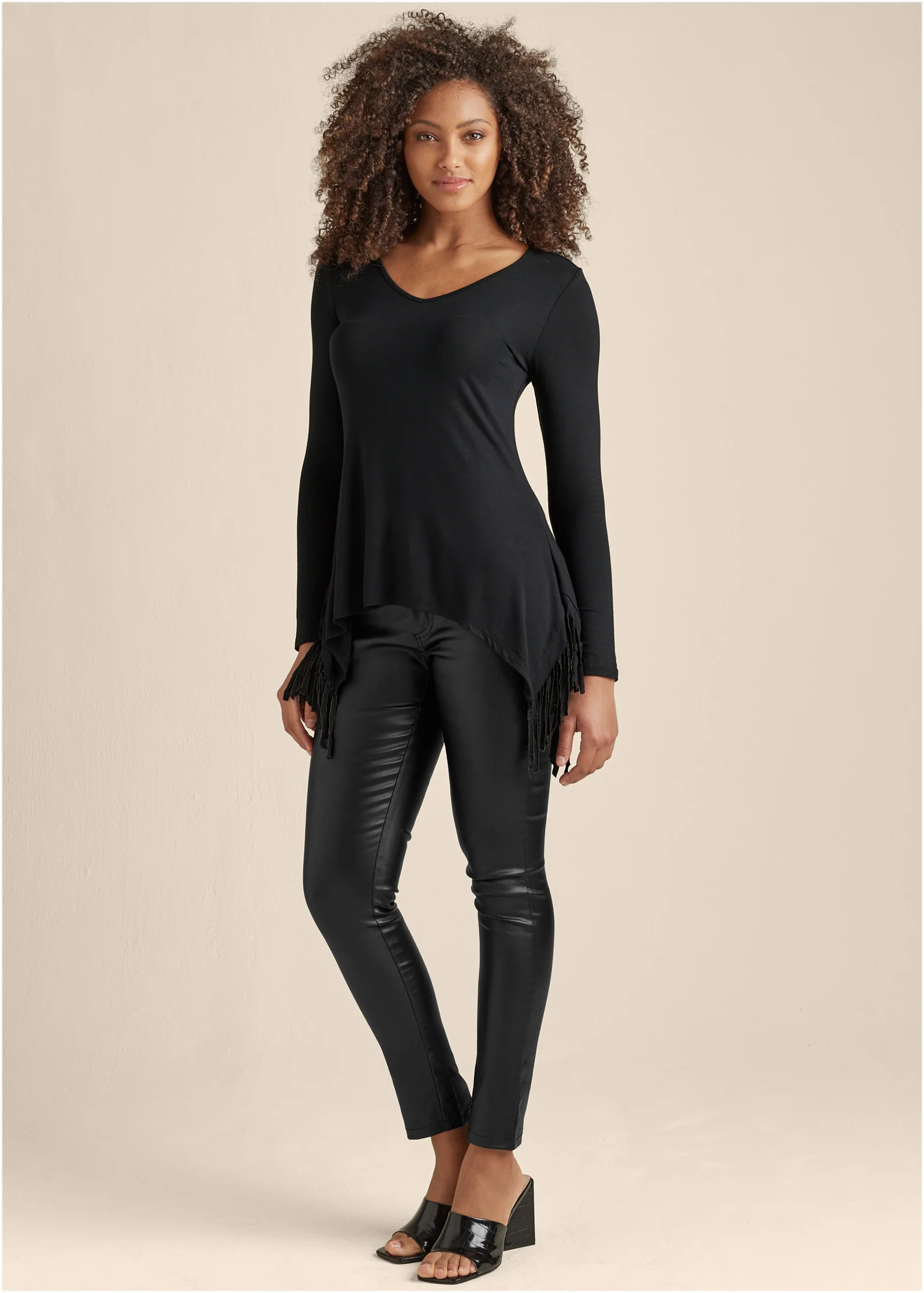 Fringe detail tunic top - Black
