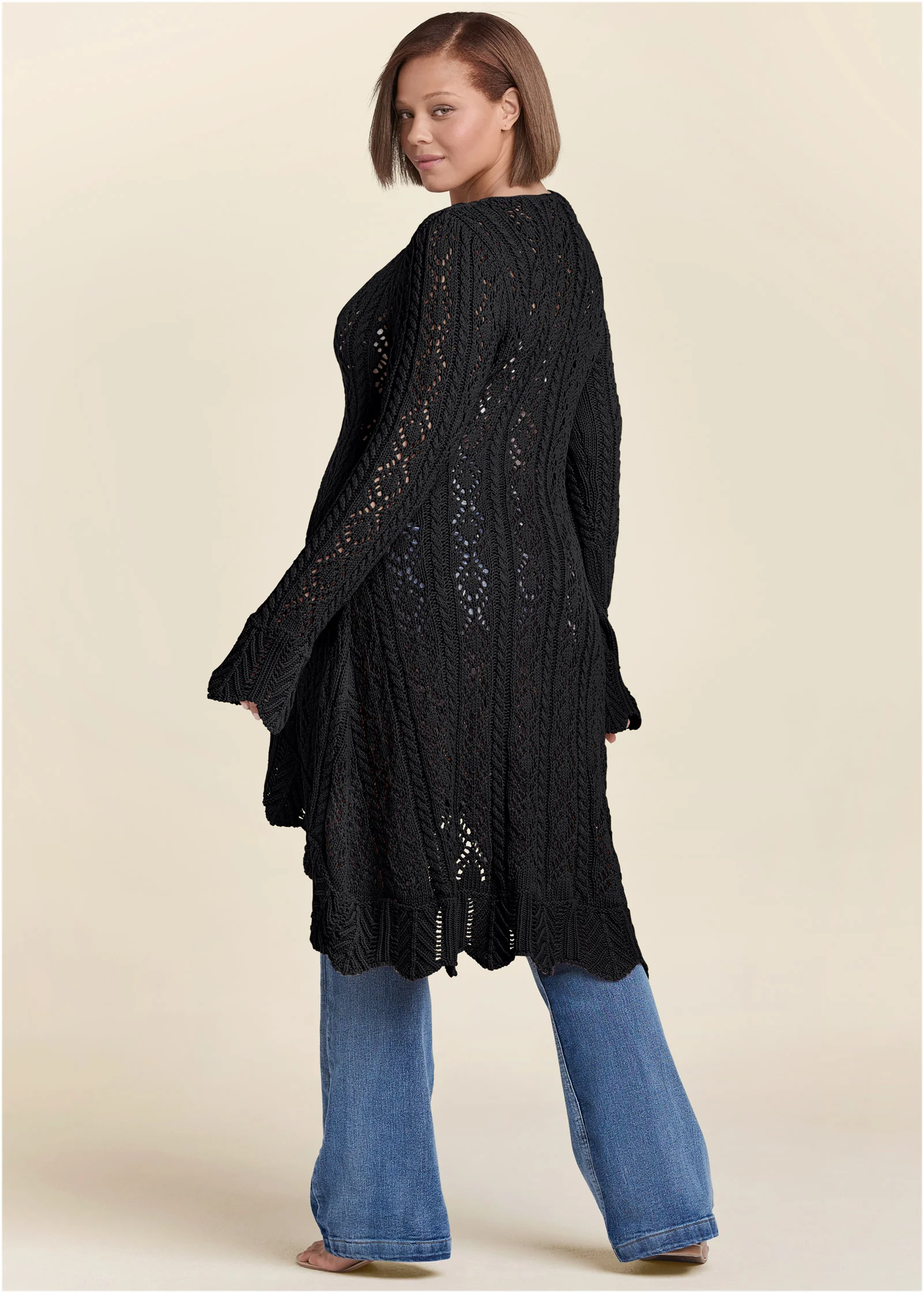 Long tie front crochet cardigan - Black