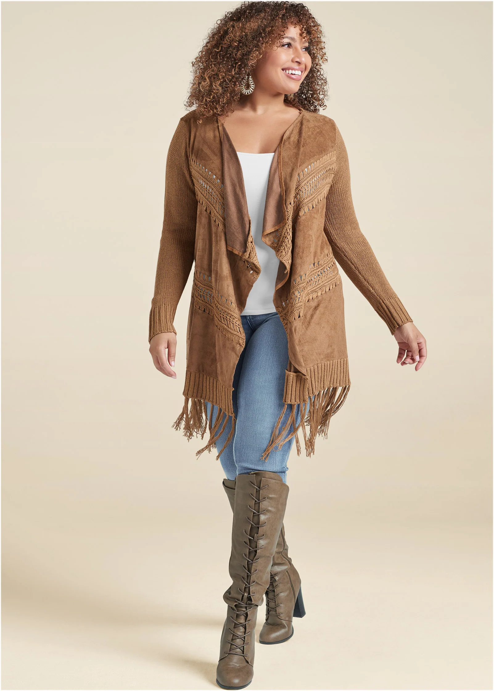 Faux-suede fringe cardigan - Brown