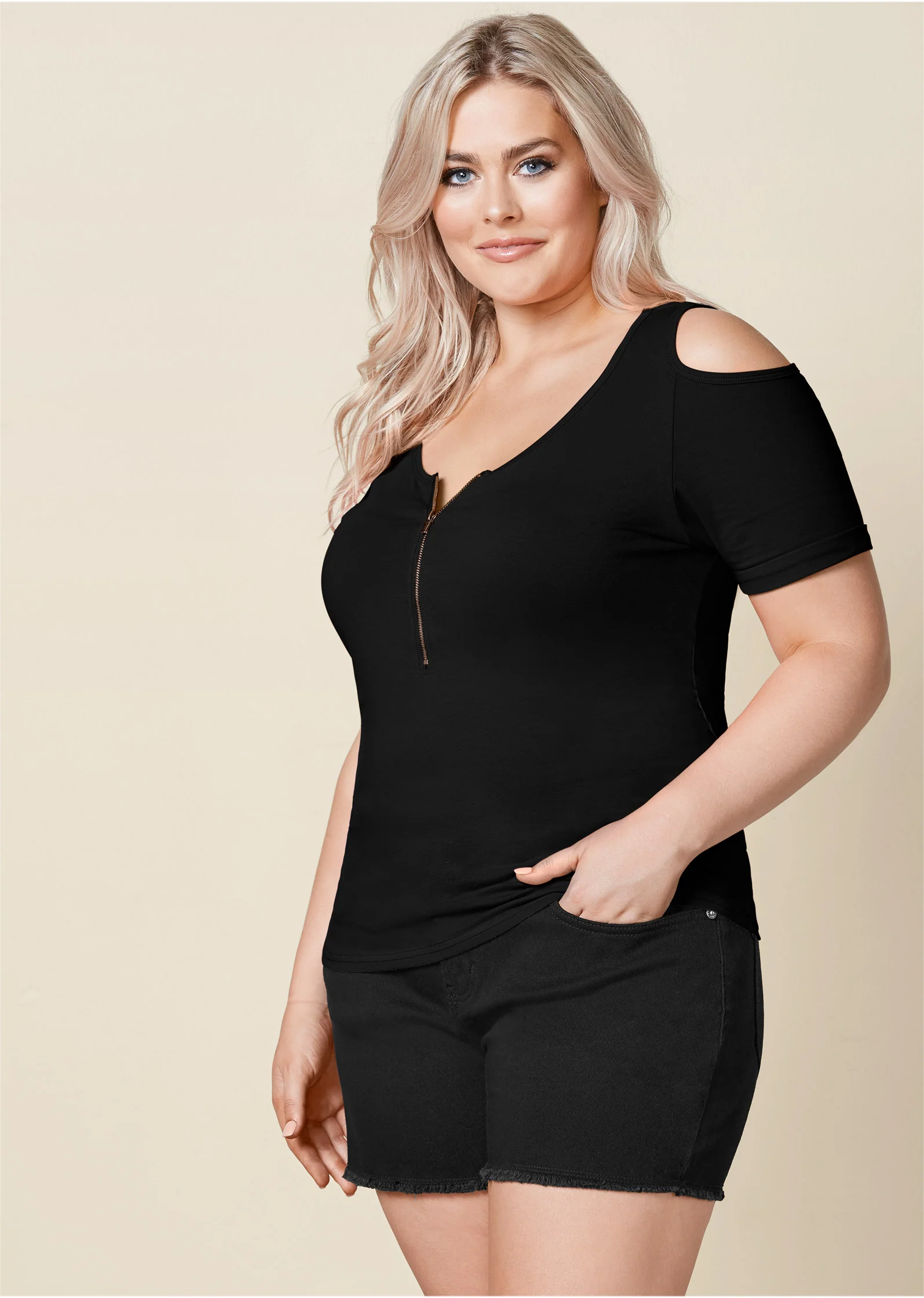 Cold-shoulder zipper top - Black