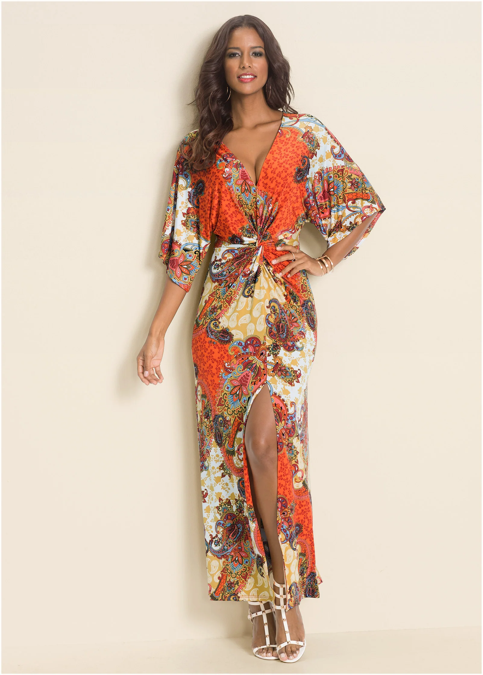 Twist front maxi dress - Orange Multi