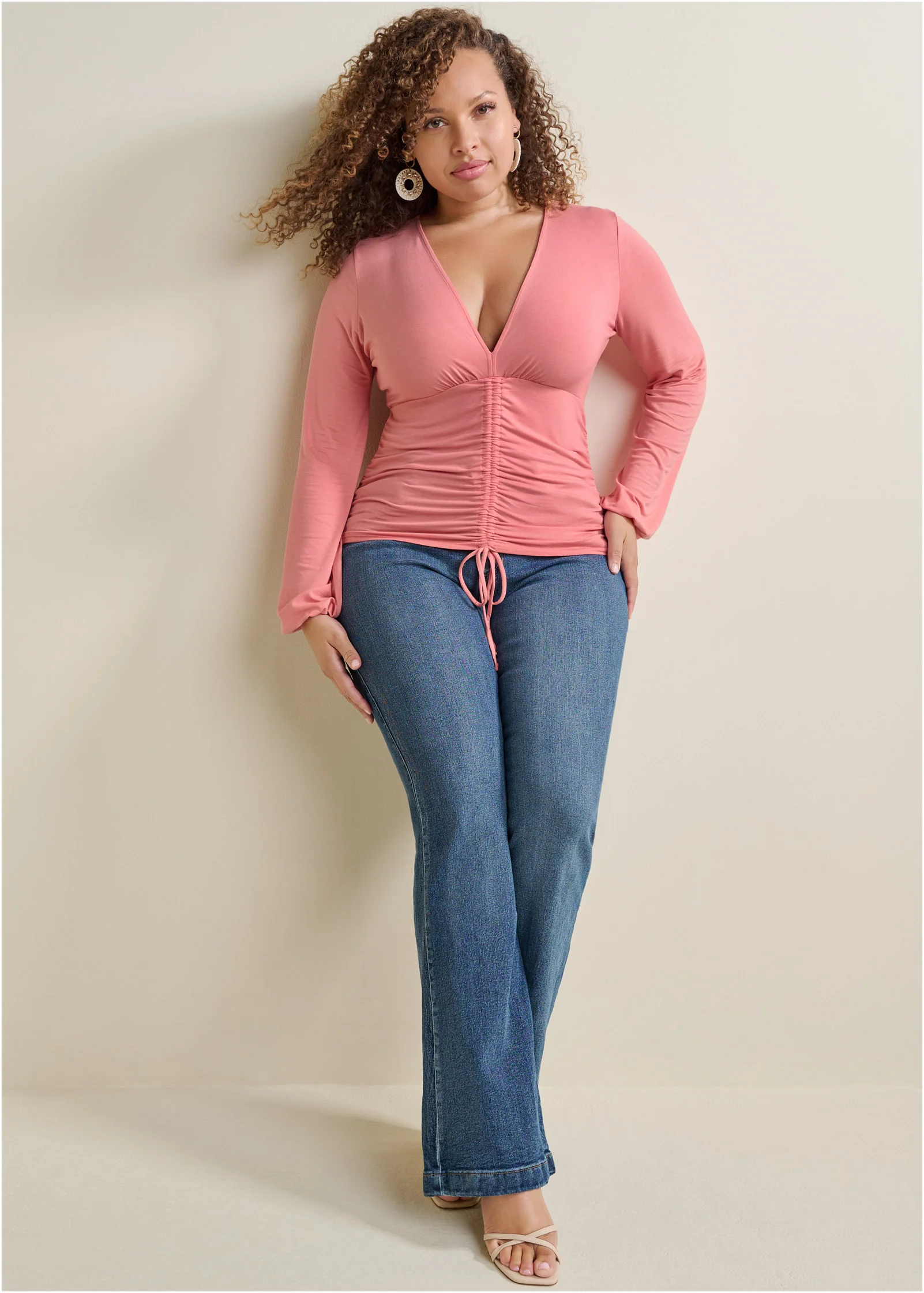 Ruched V-neck top - Coral