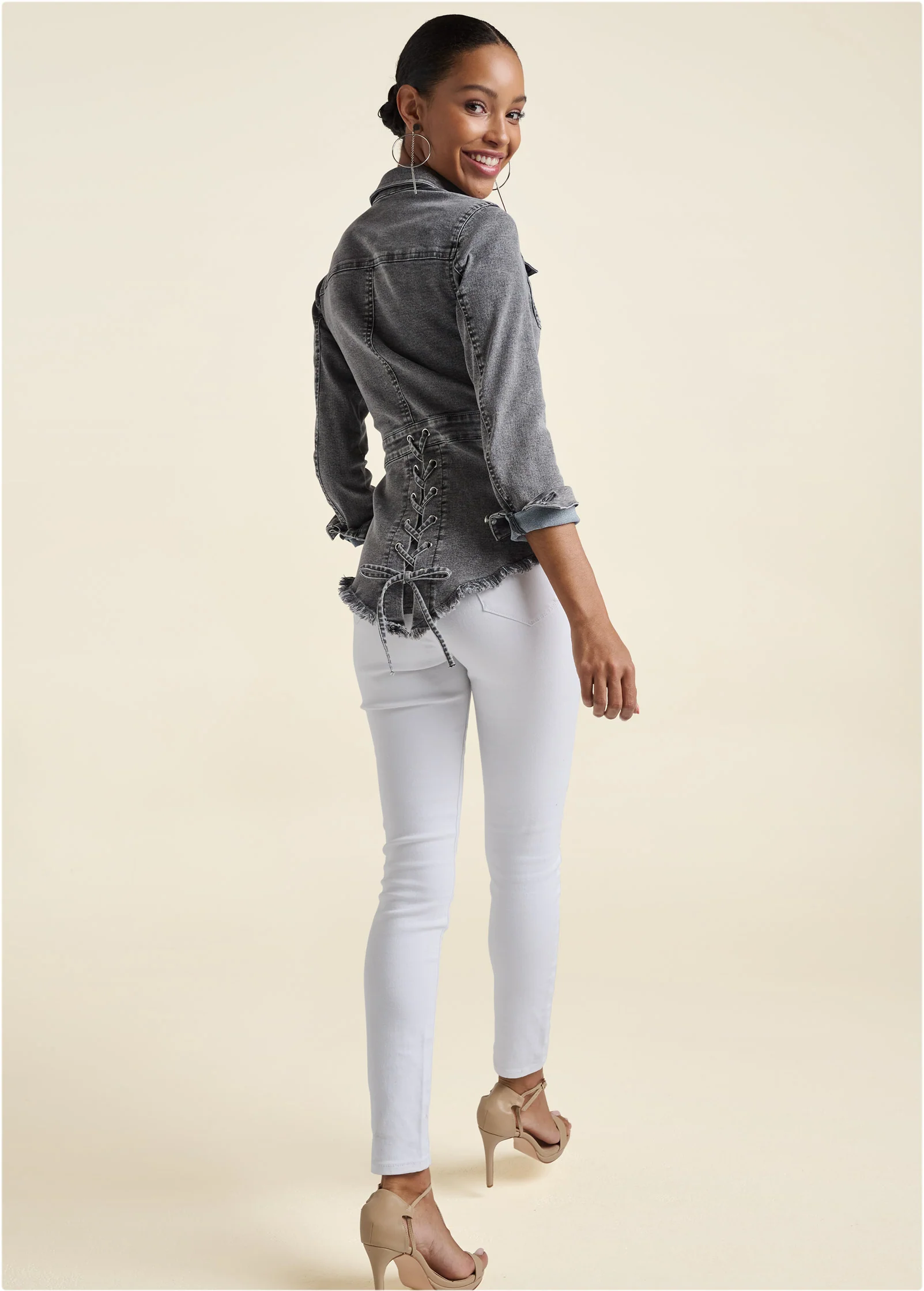 Lace-up back denim top - Grey Multi