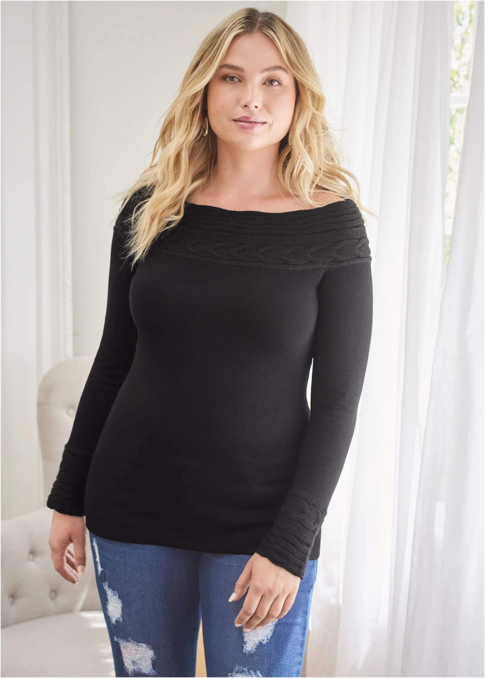 Cable detail tunic sweater - Black