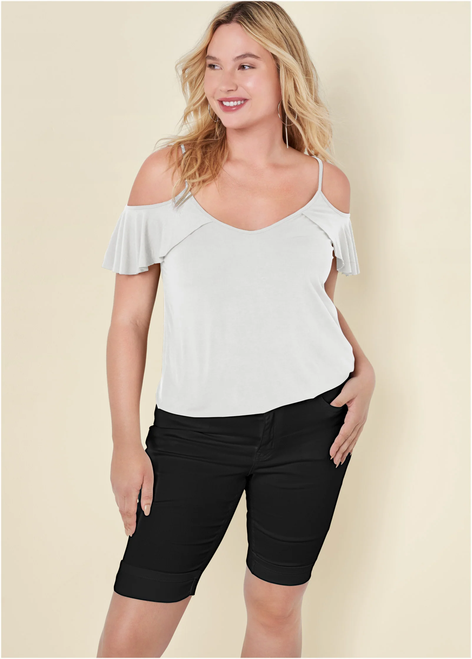Ruffle cold-shoulder top - White