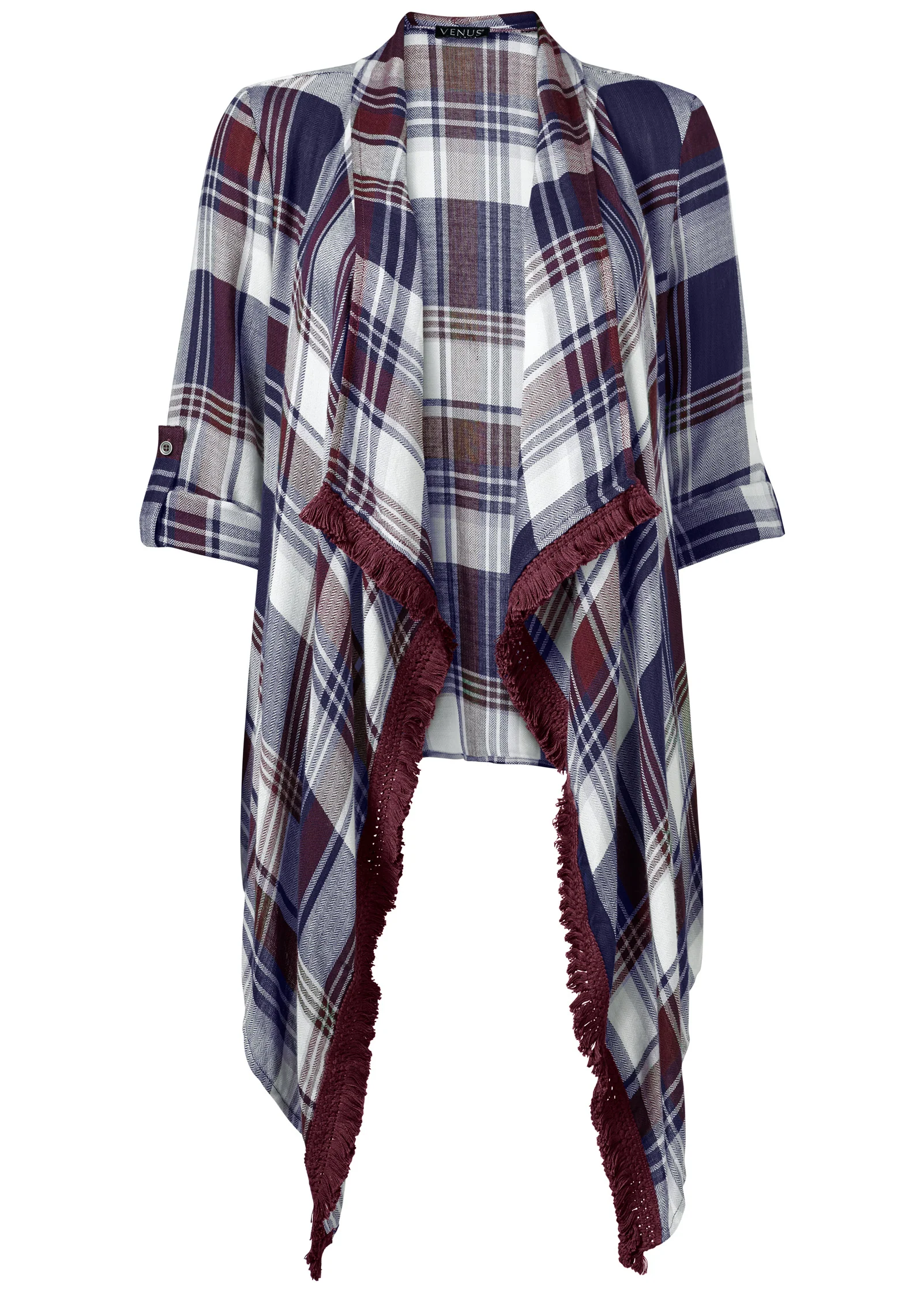 Plaid and fringe cardigan - Navy Multi
