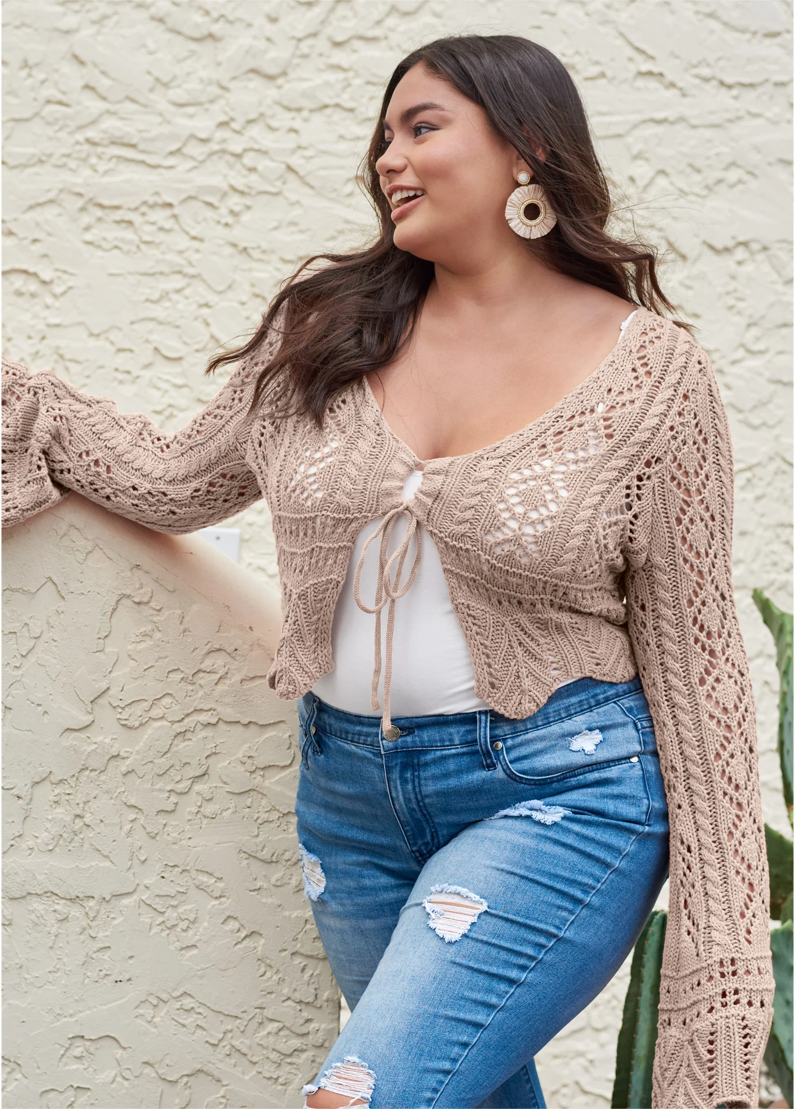 Tie front cropped crochet cardigan - Taupe