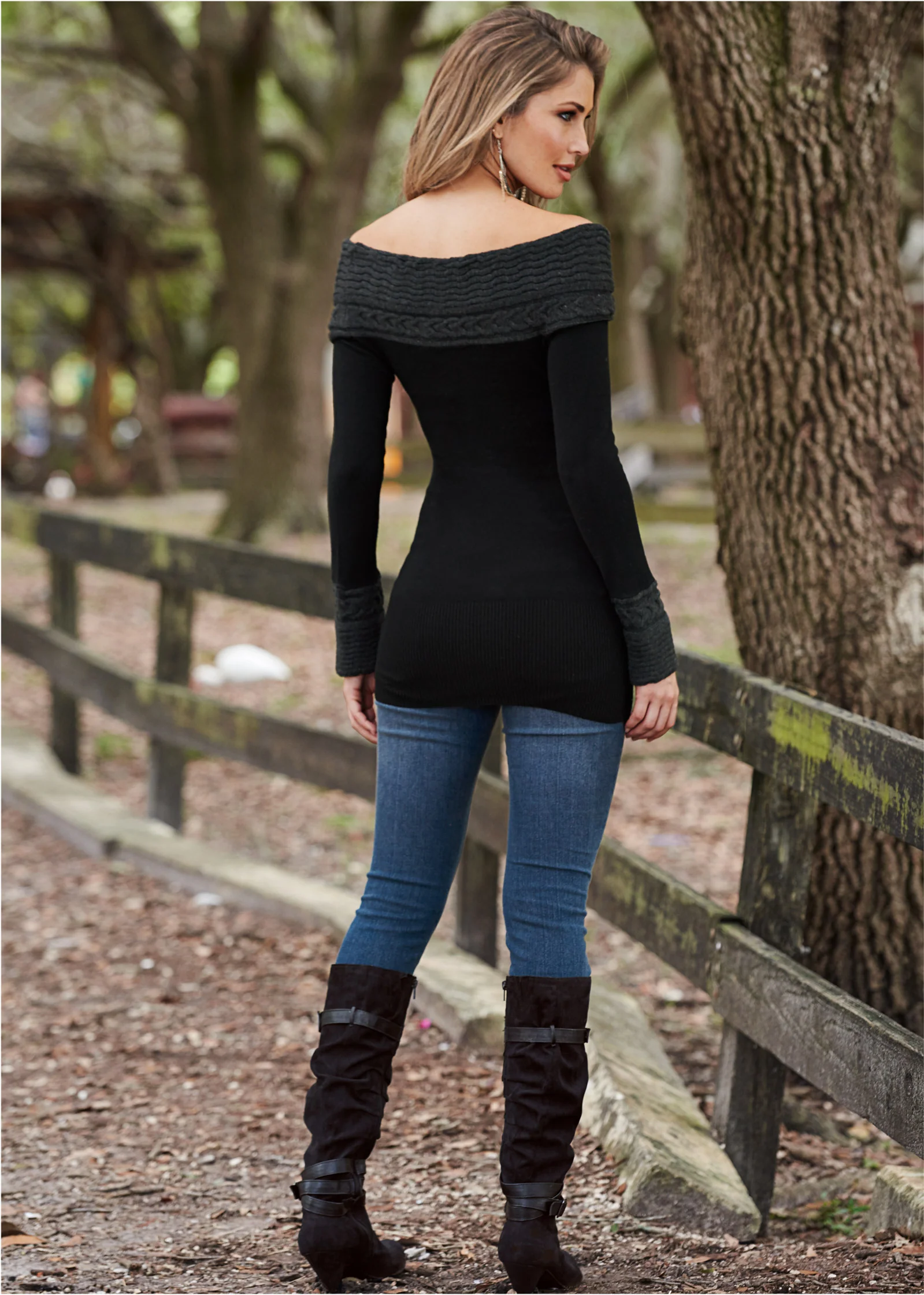 Cable detail tunic sweater - Black