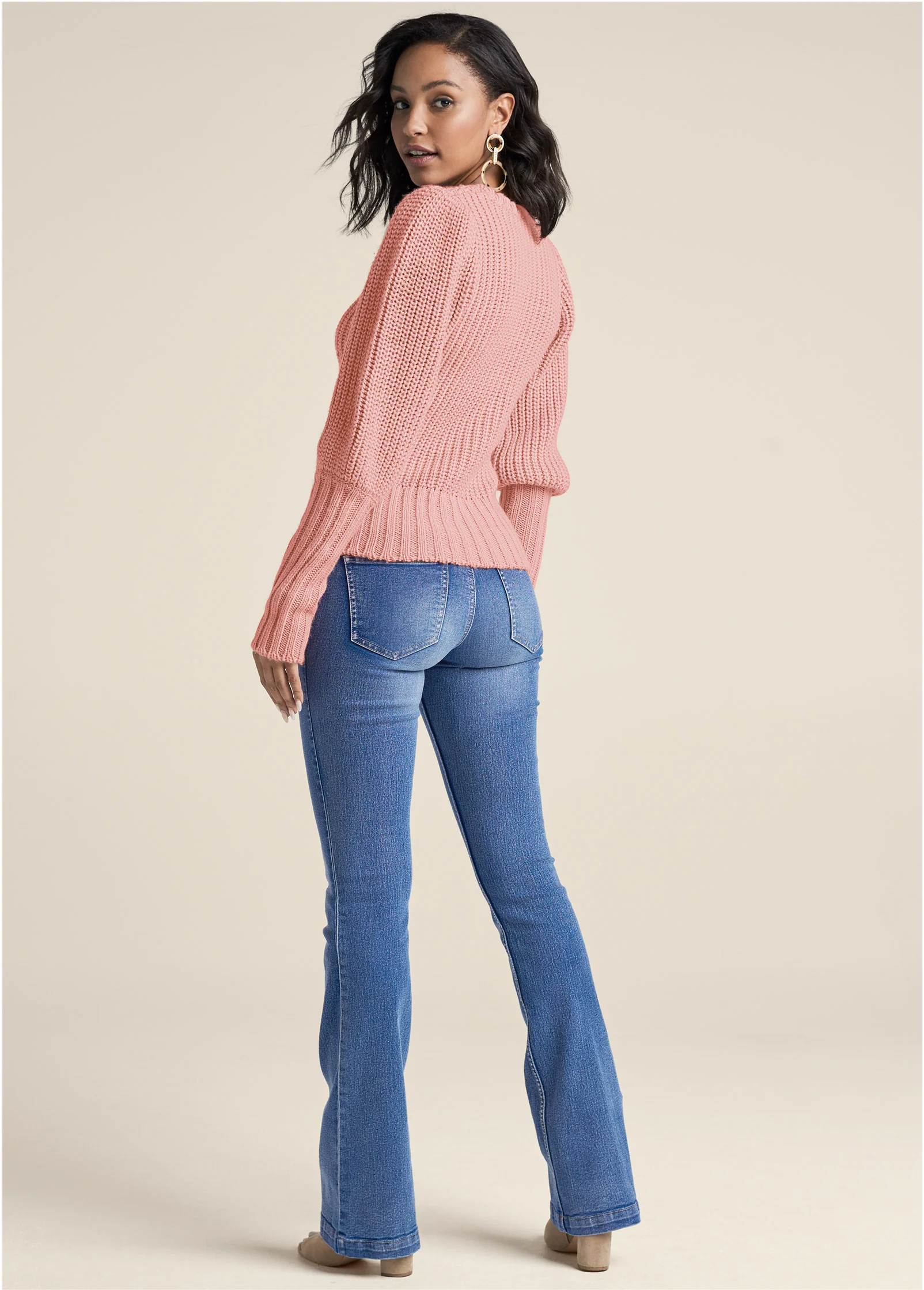 Puff sleeve ribbed v neck sweater - Dusty Pink