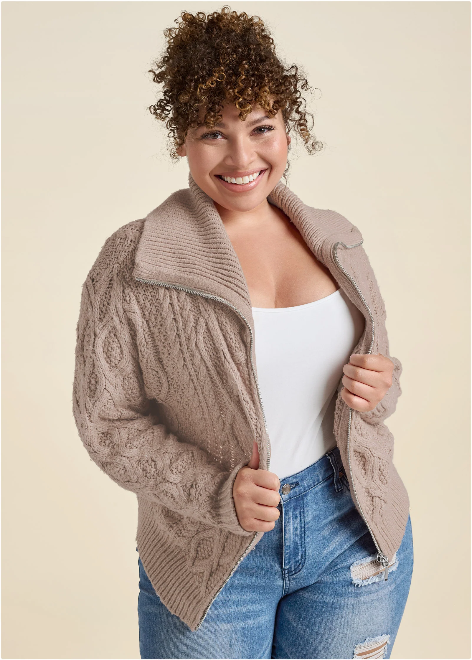 Knit zip sweater - Taupe