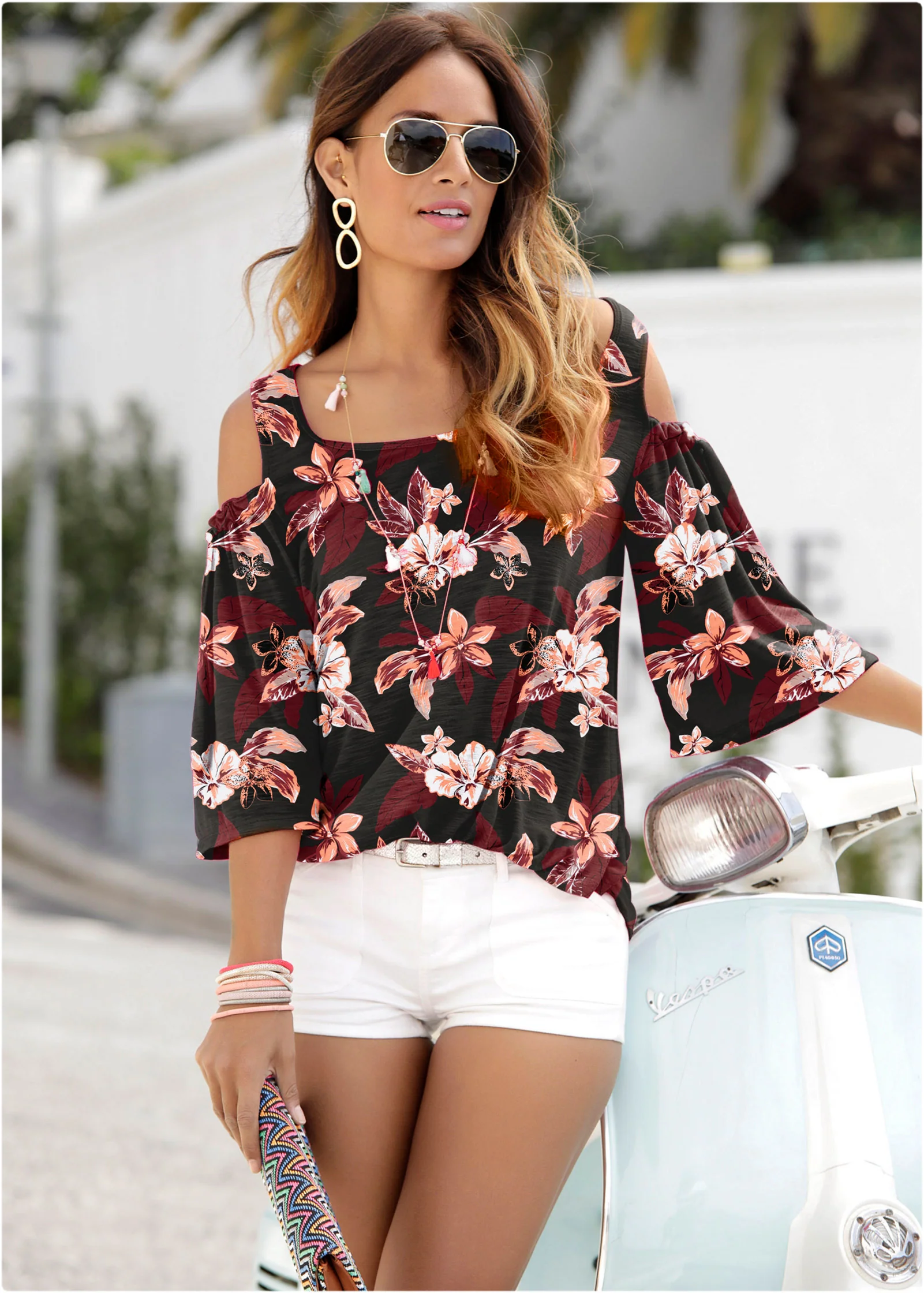Printed cold-shoulder top - Black Multi