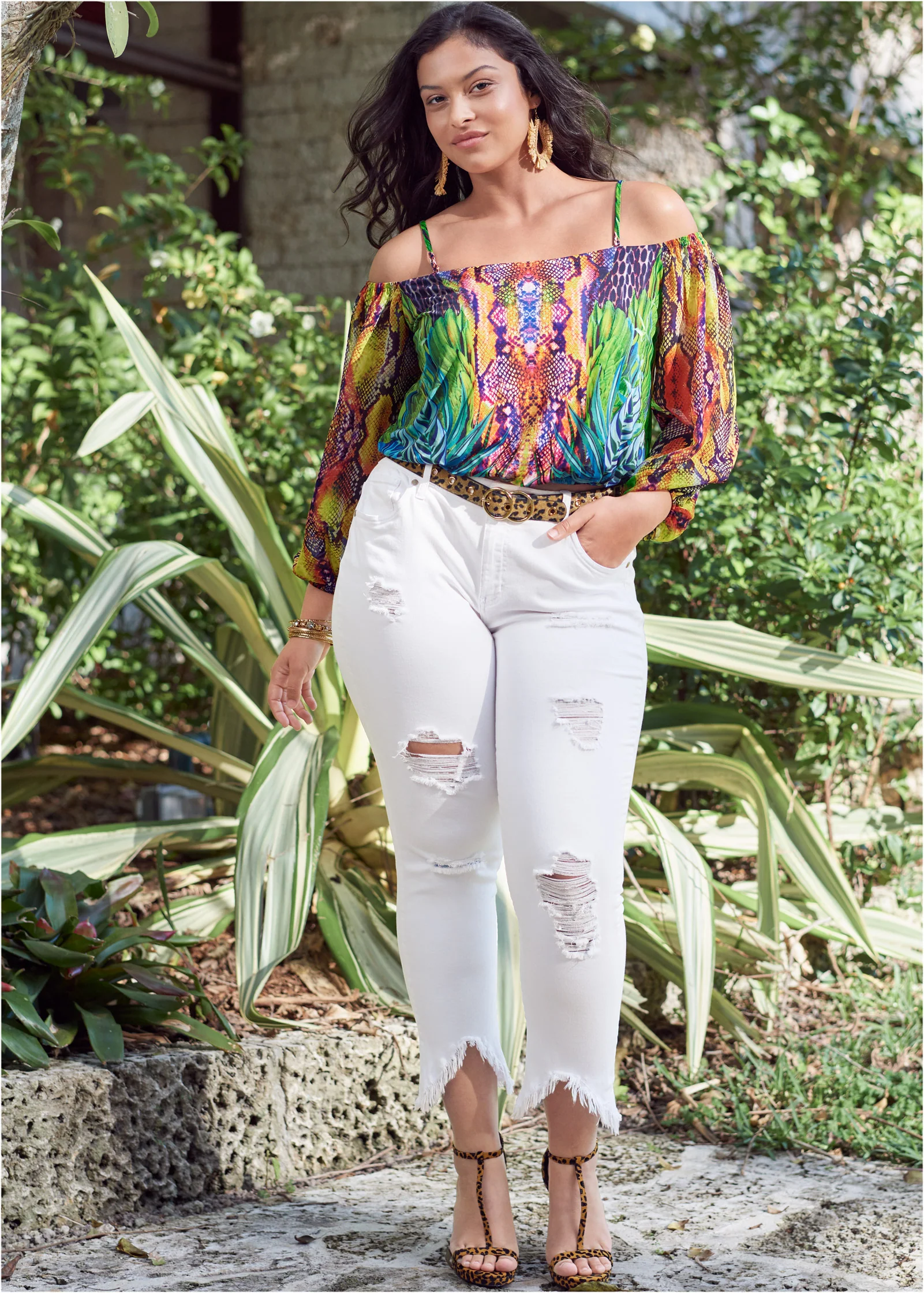 Printed cold-shoulder top - Teal Multi