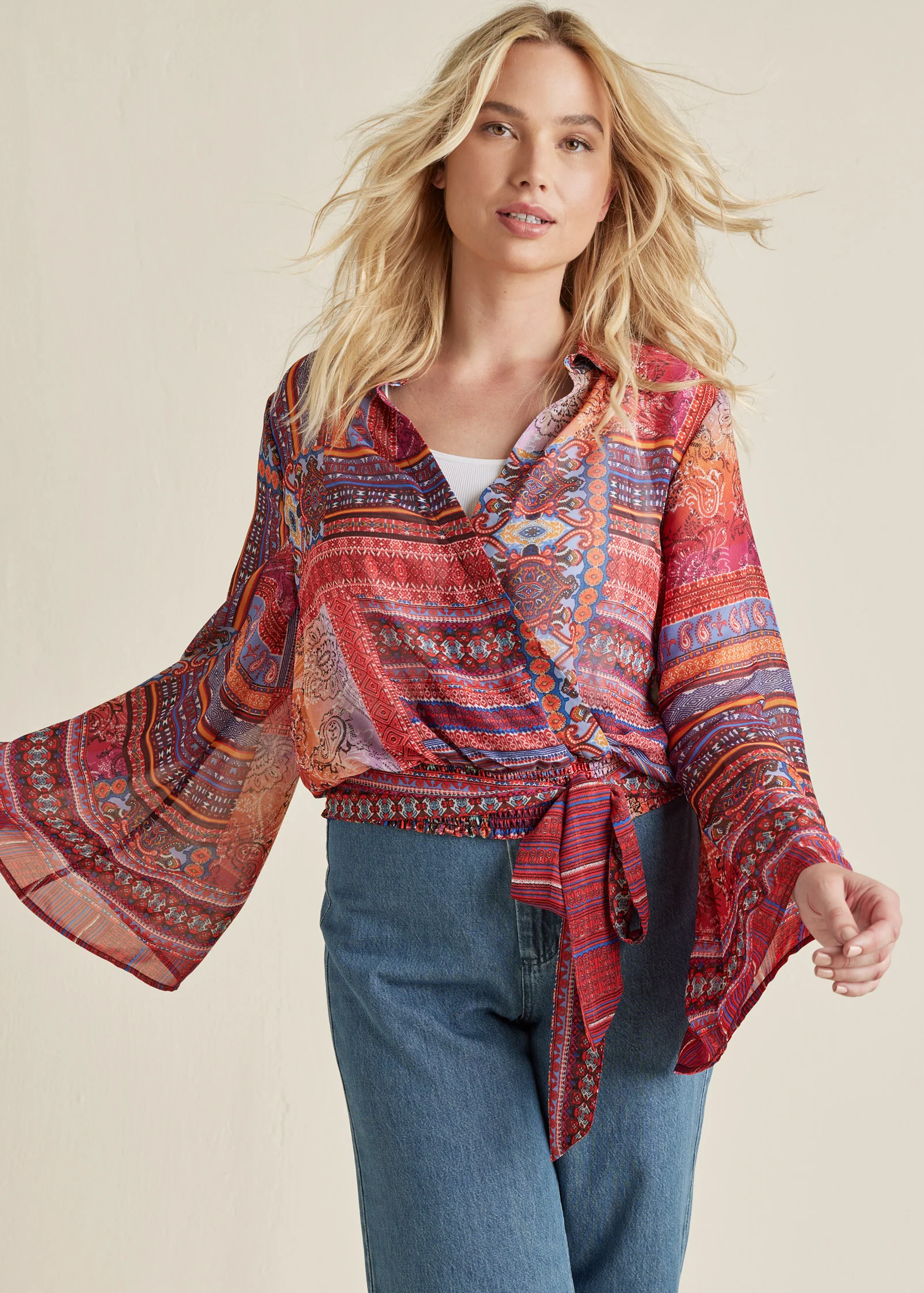 Printed tie-front top - Burnt Orange