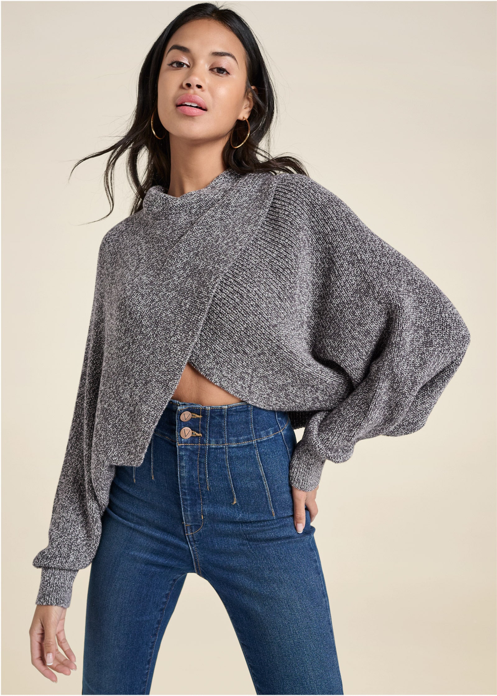 Crisscross Drop Shoulder Sweater  - Dark Grey Multi