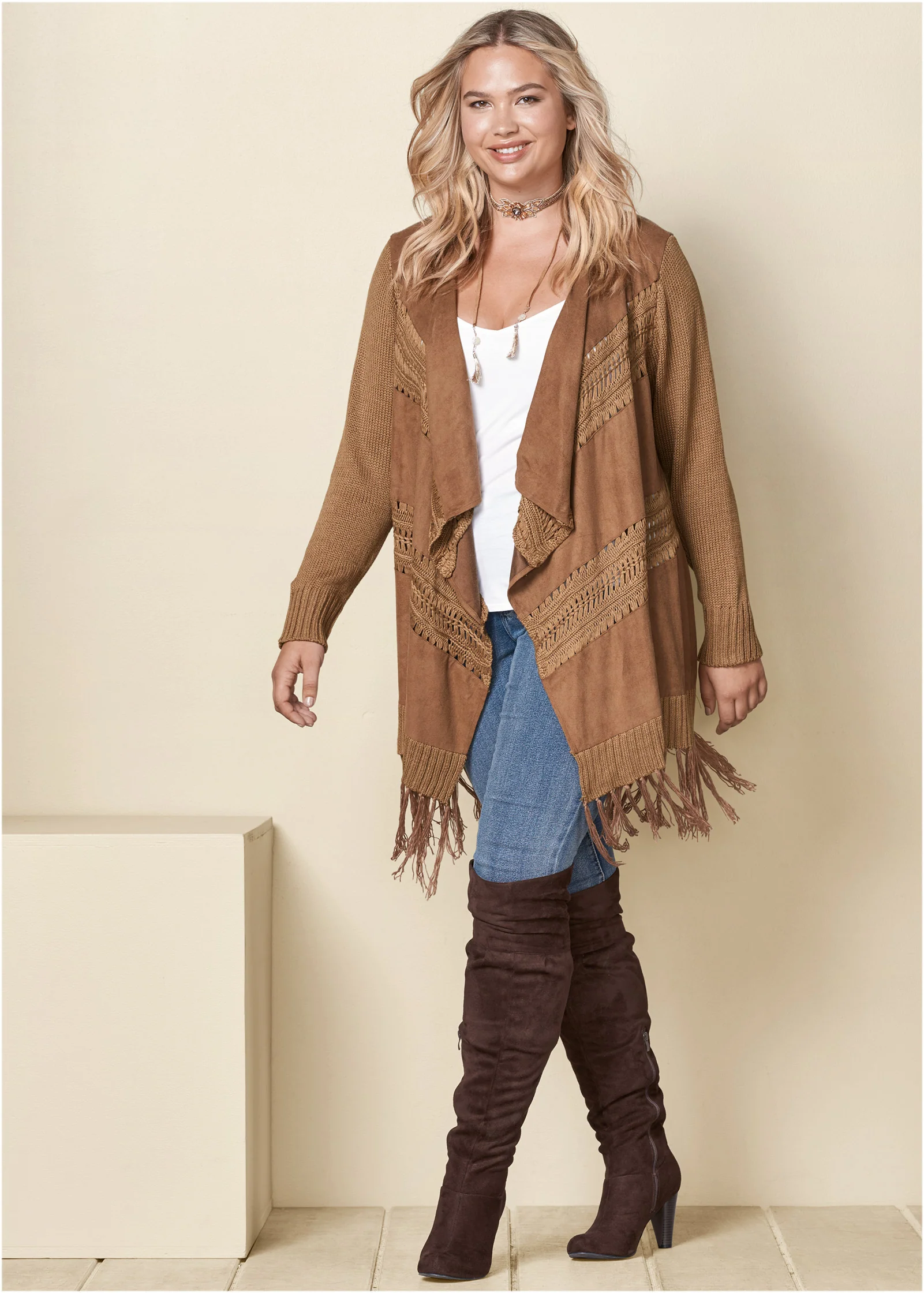 Faux-suede fringe cardigan - Brown