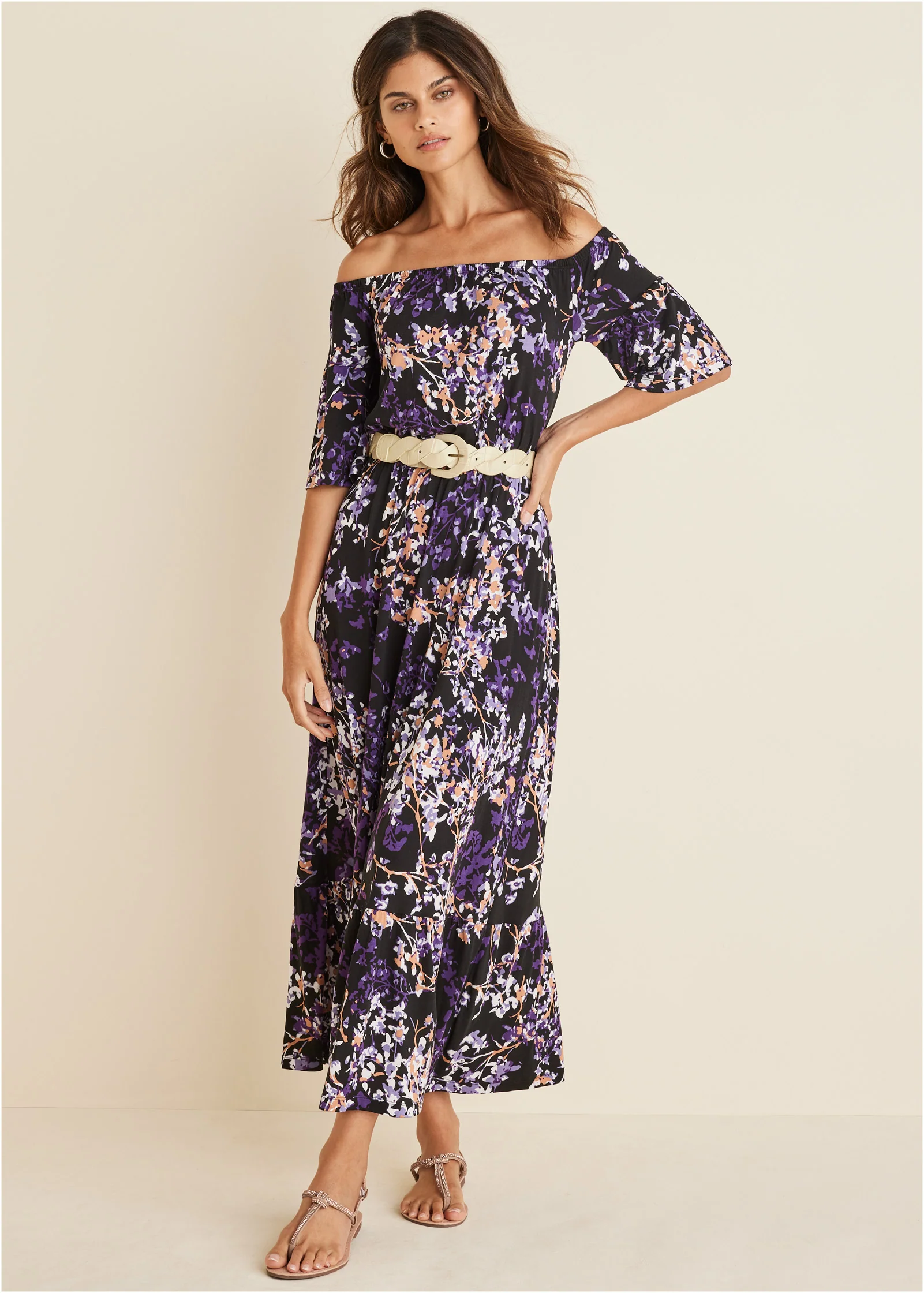 Off-The-Shoulder Maxi Dress - Purple Multi
