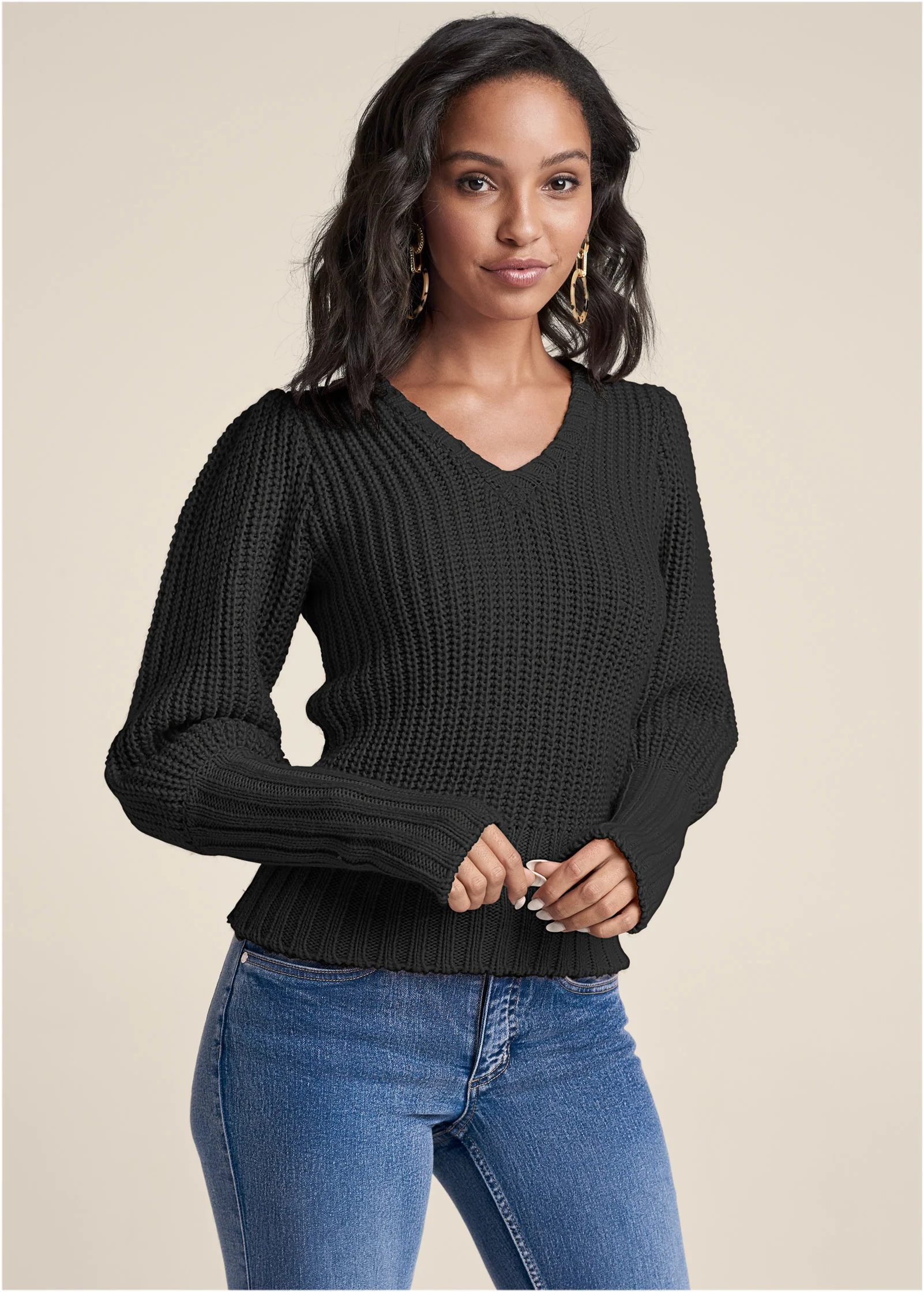 Puff sleeve ribbed v neck sweater - Black