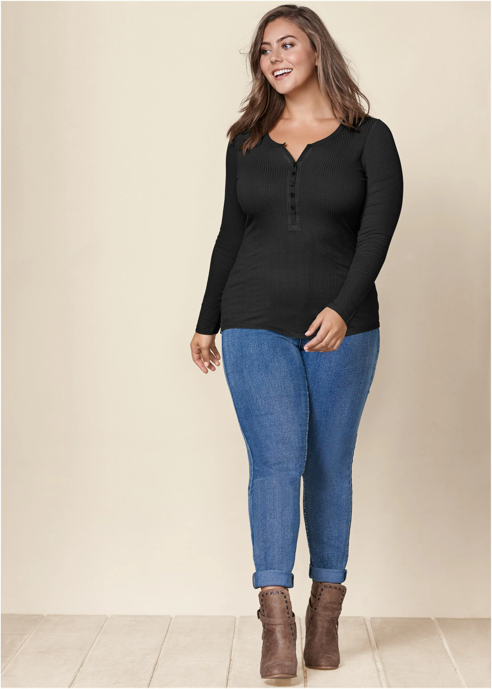 Ribbed Henley top - Black
